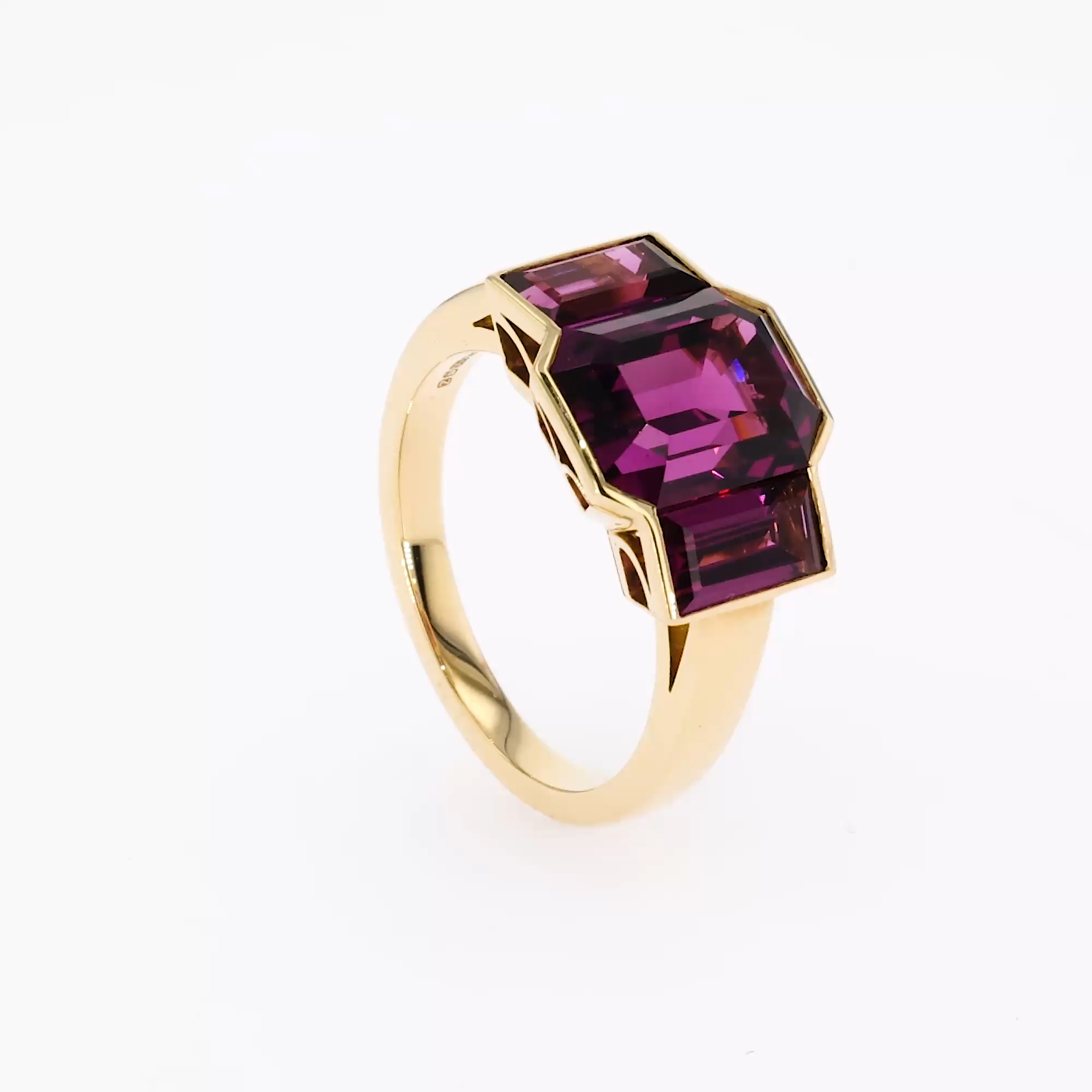 Kingdom 6.22ct Rhodolite Garnet Three Stone Ring in 18ct Yellow Gold