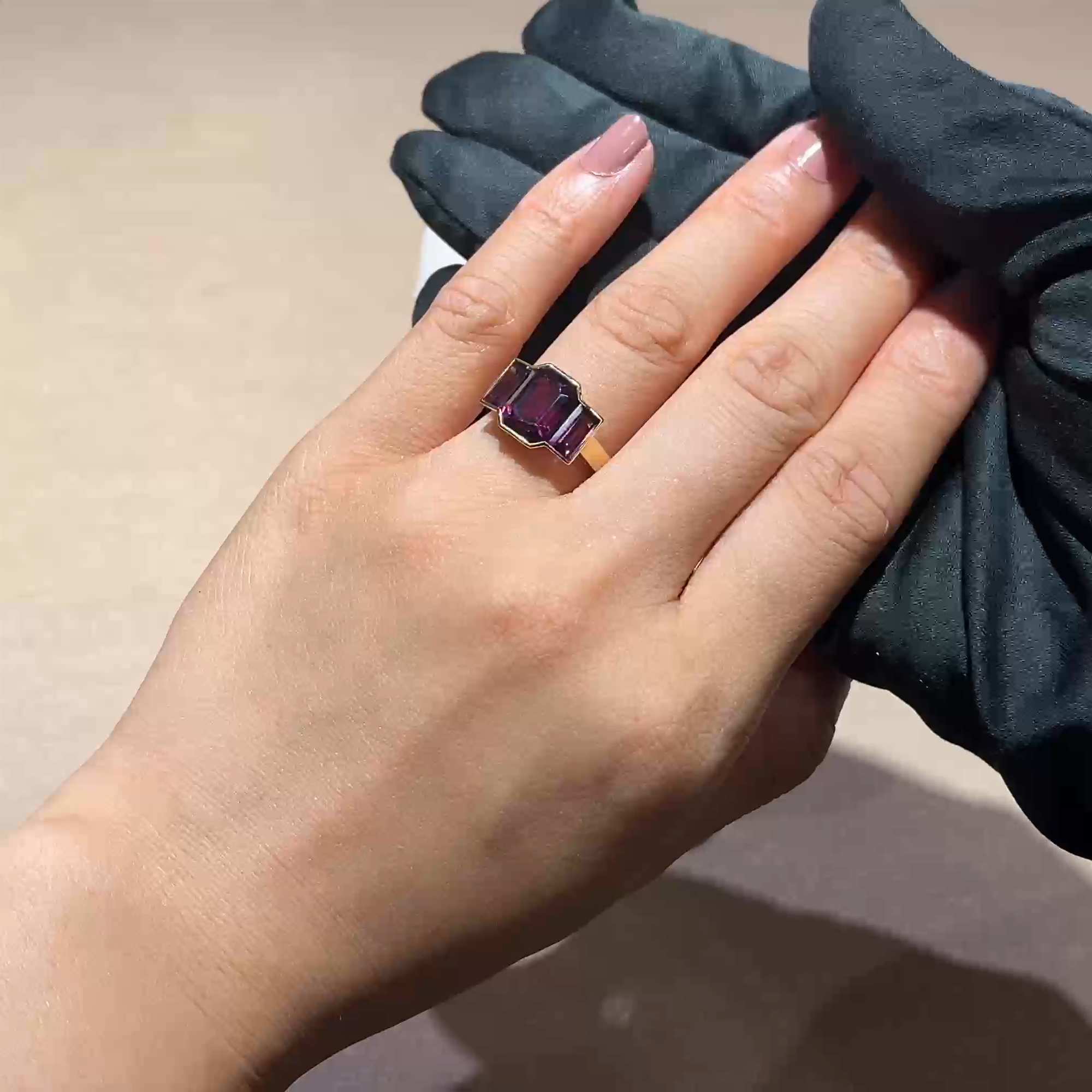 Kingdom 6.22ct Rhodolite Garnet Three Stone Ring in 18ct Yellow Gold