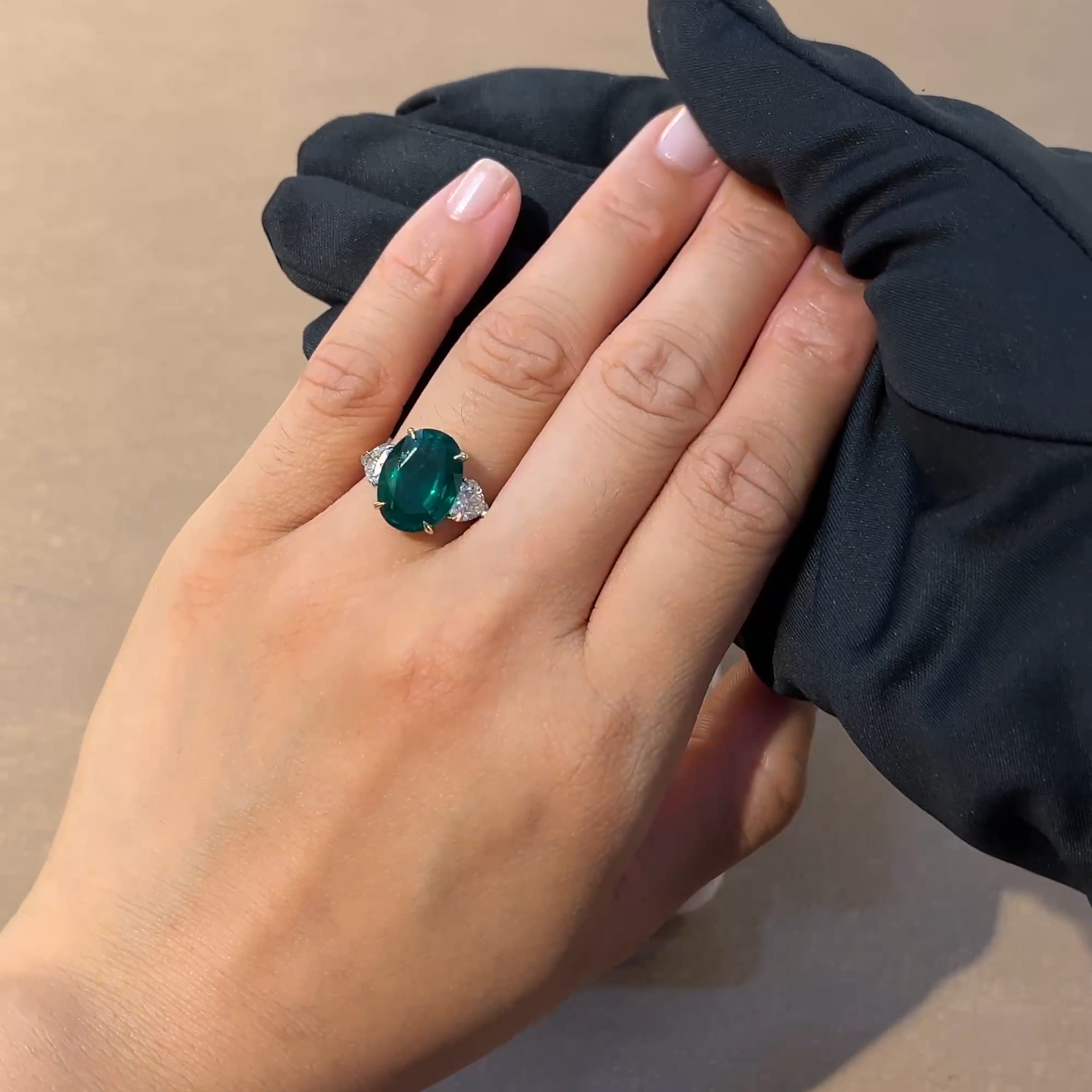 Venus Setting 4.87ct Emerald and Diamond Three Stone Ring in 18ct Yellow Gold and Platinum