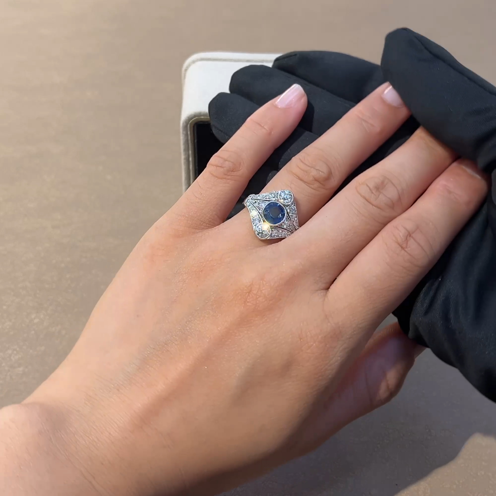 Antique Edwardian Sapphire and Diamond Cluster Ring in Platinum