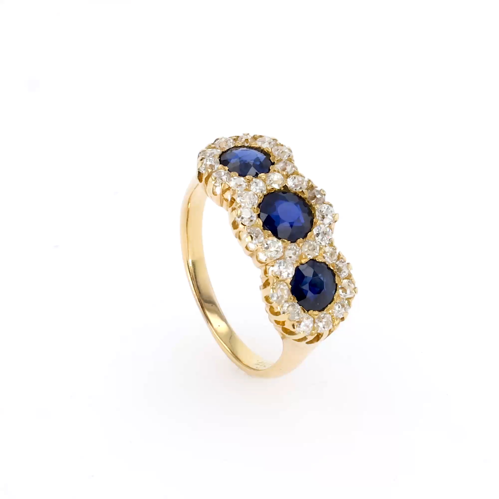 Old Cut Sapphire and Diamond Three Stone Ring in 18ct Yellow Gold