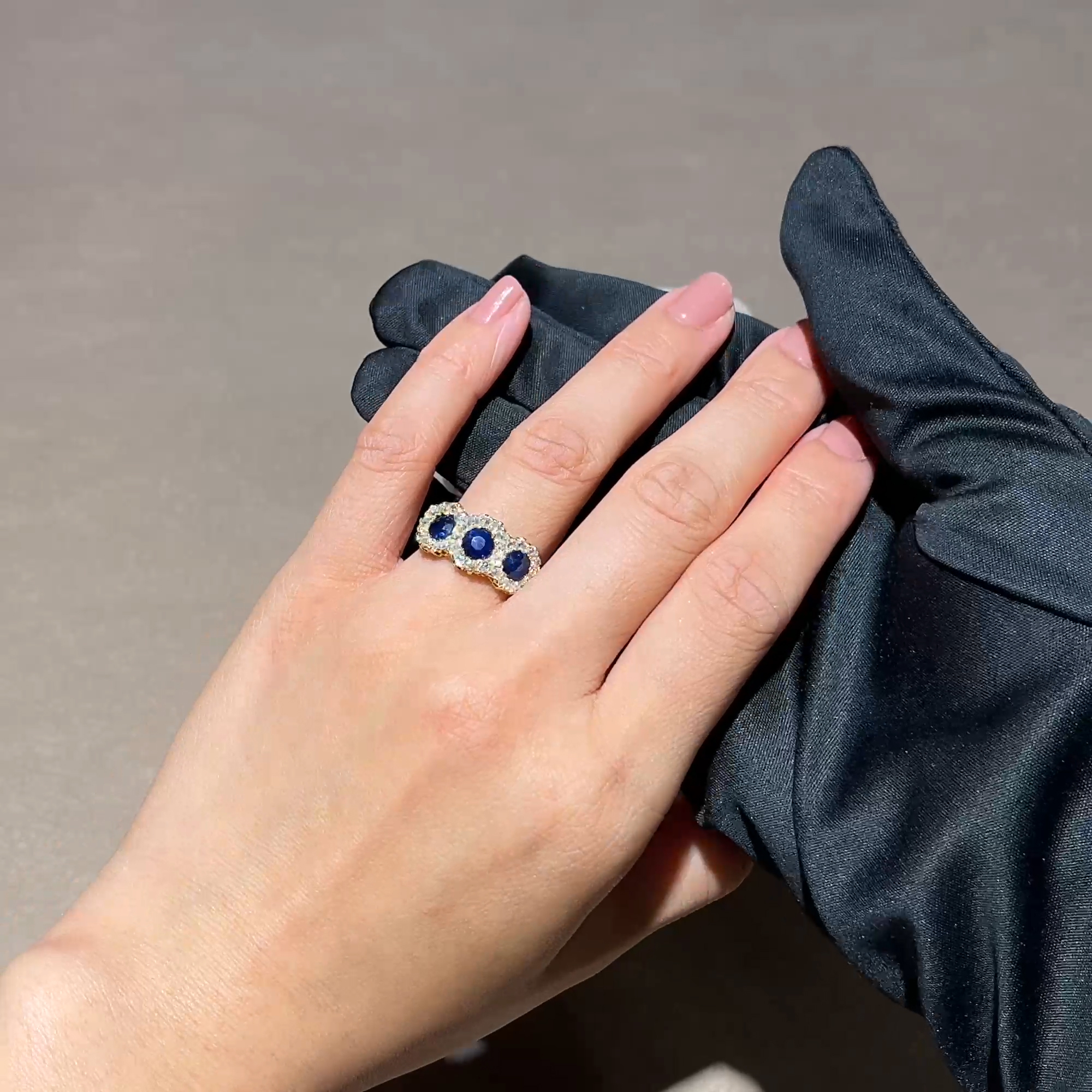 Old Cut Sapphire and Diamond Three Stone Ring in 18ct Yellow Gold