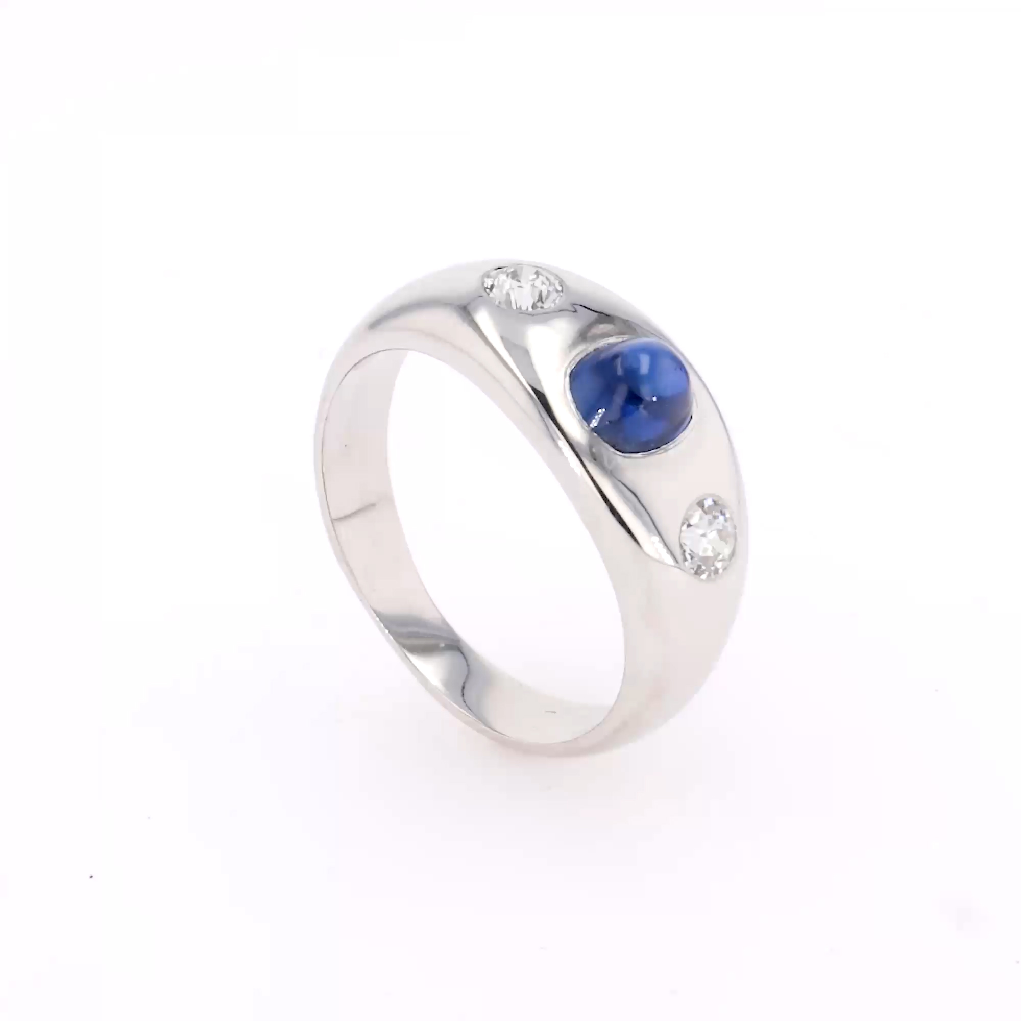 Cabochon Cut Blue Sapphire and Diamond Three Stone Ring in Platinum