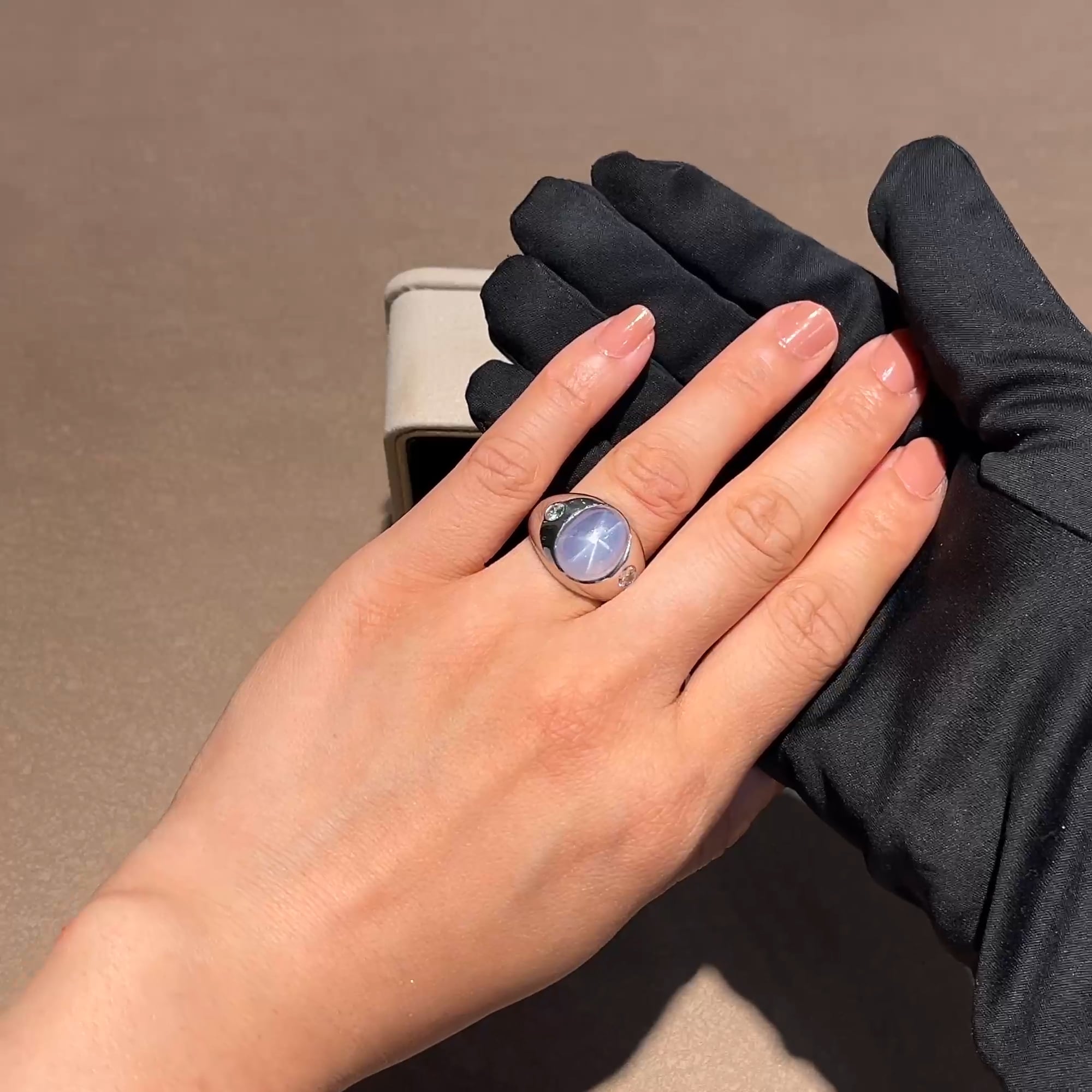 Art Deco Cabochon Cut Star Sapphire and Diamond Ring in Palladium