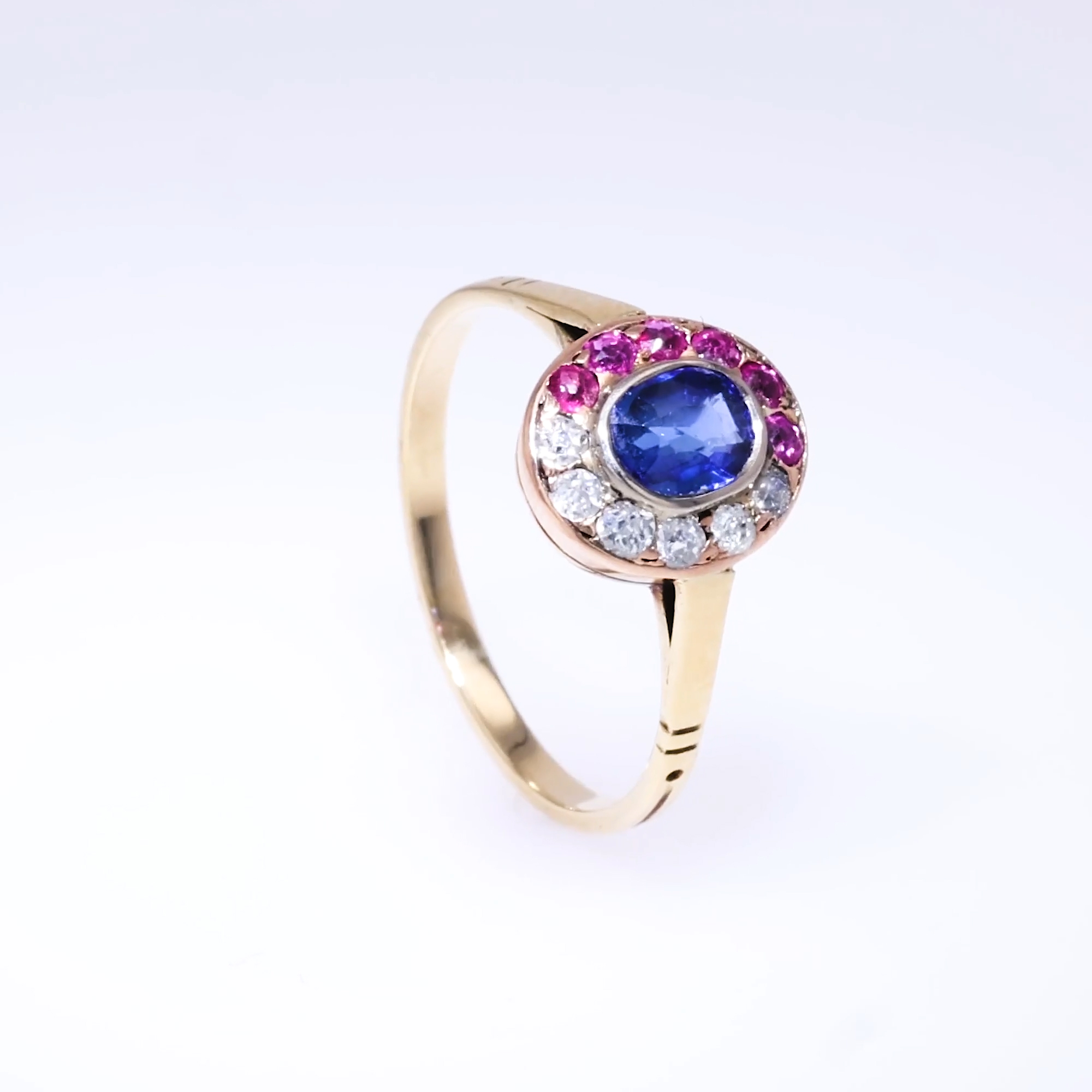 Belle Époque 0.55ct Sapphire, Ruby and Diamond Cluster Ring in 18ct Yellow Gold 
