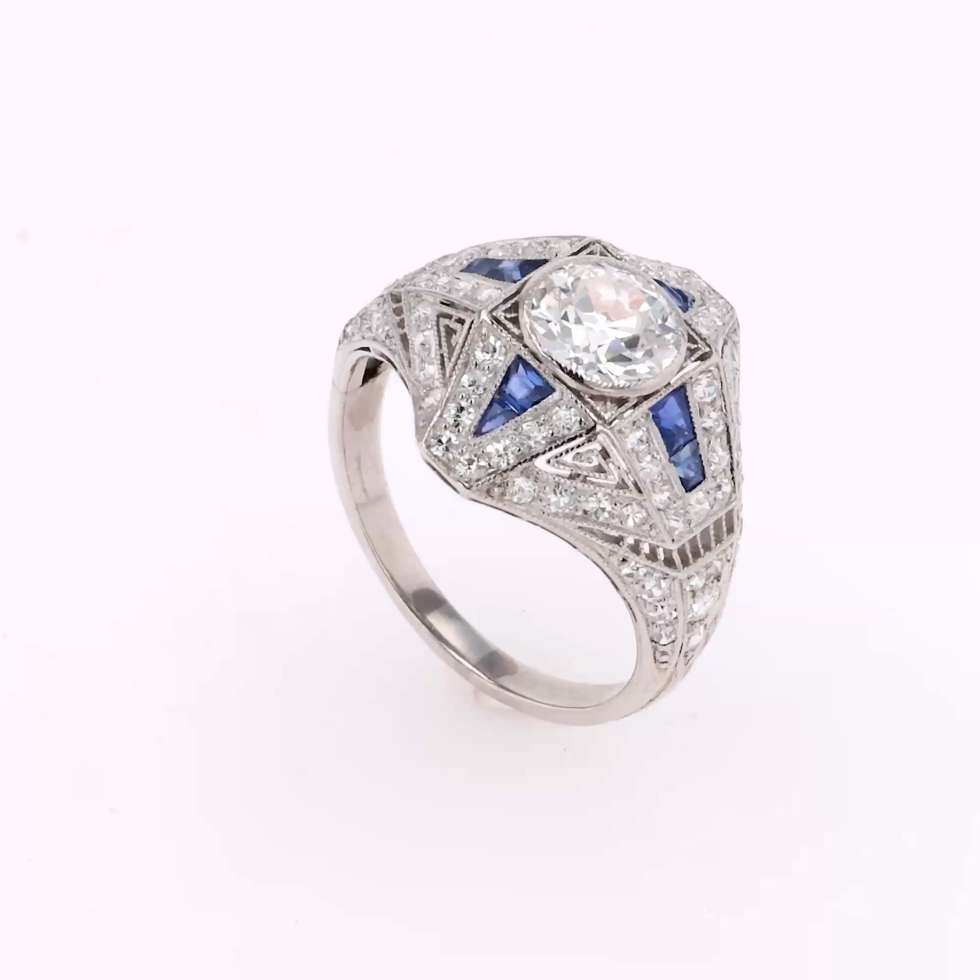 Old Cut Diamond and Sapphire Cluster Ring in Platinum