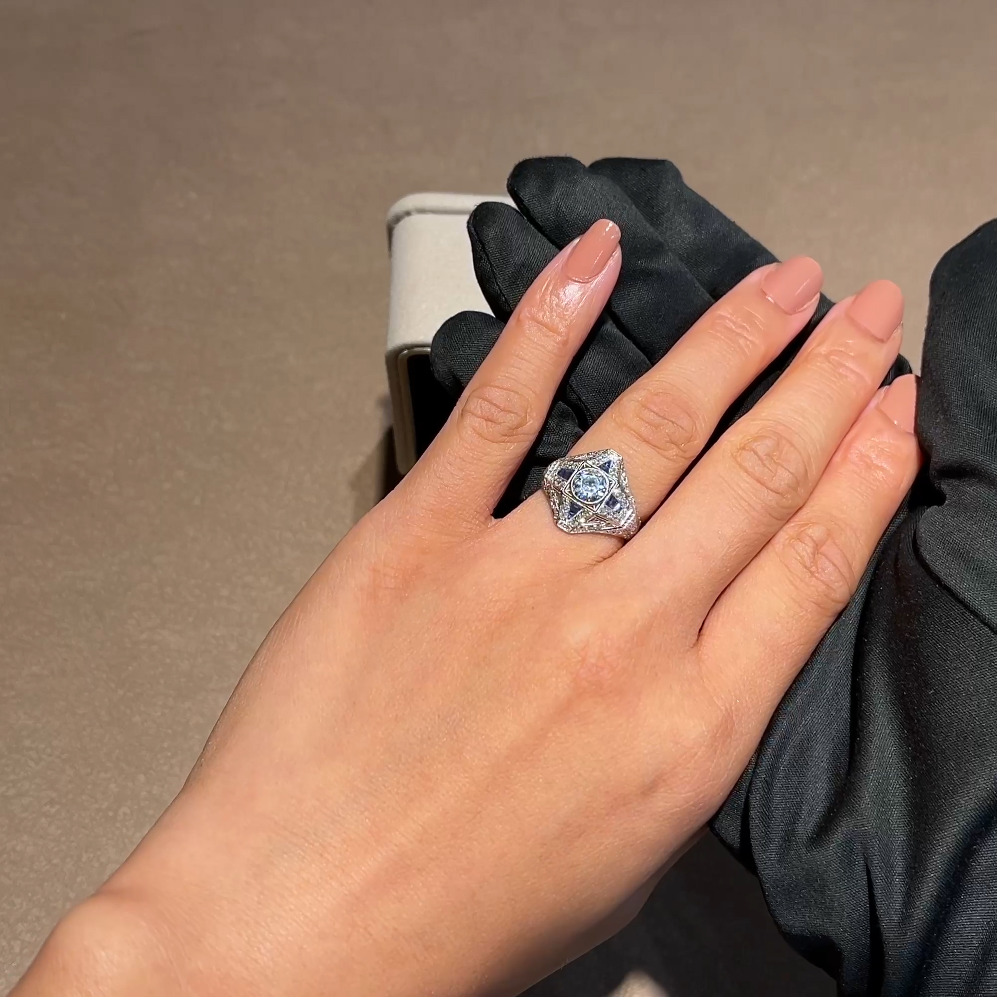 Old Cut Diamond and Sapphire Cluster Ring in Platinum