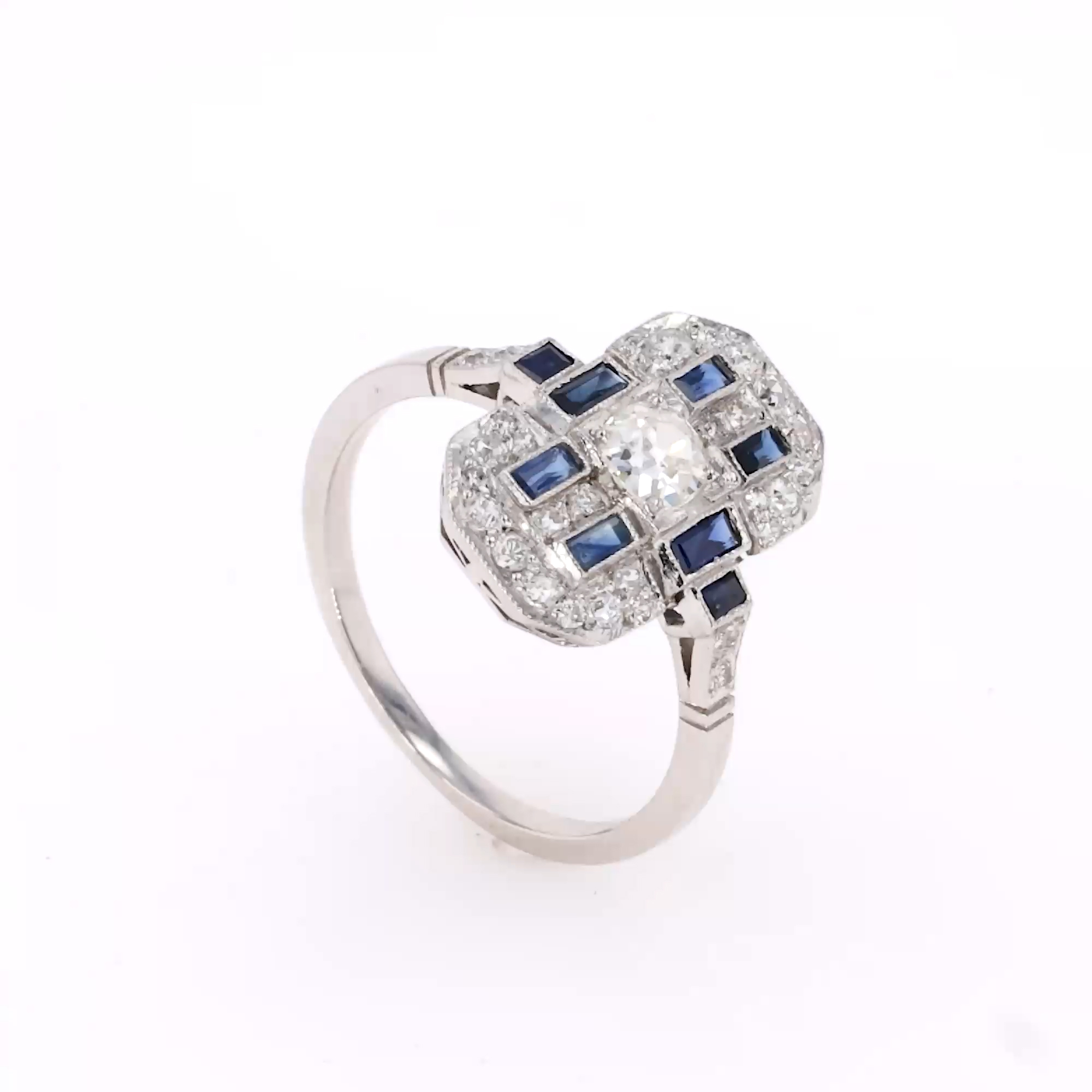 Art Deco Old European Cut Diamond and Sapphire Plaque Ring 