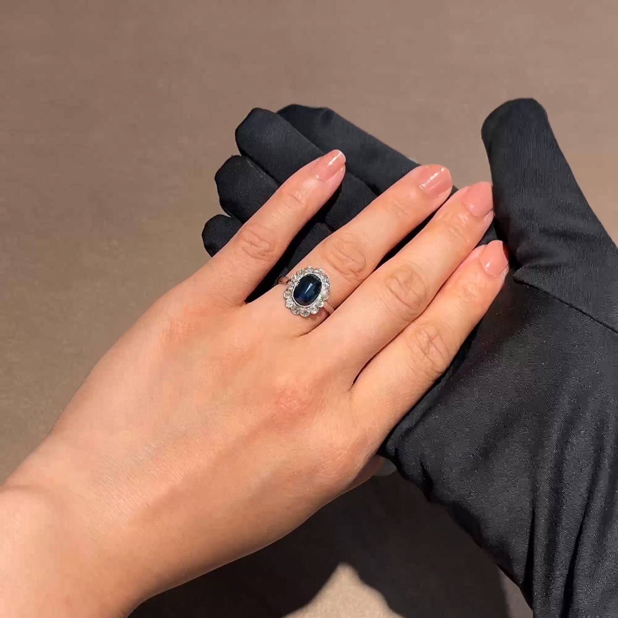 Art Deco Rose Cut Sapphire and Diamond Cluster Ring in 18ct White Gold and Platinum