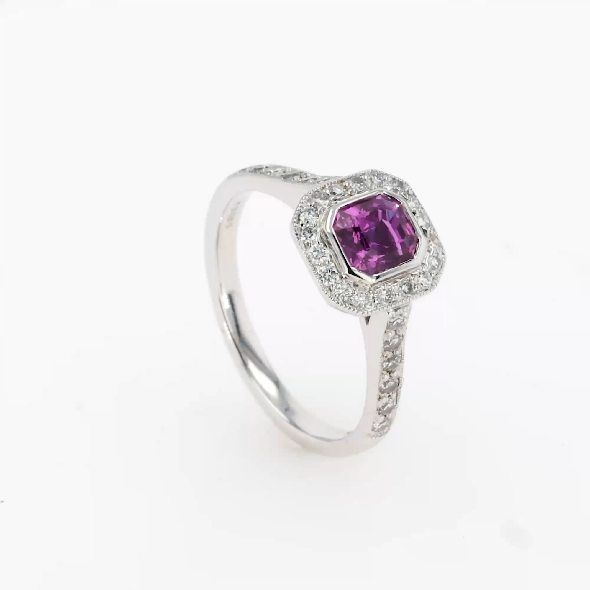 Octagonal Cut Pink Sapphire and diamond Cluster Ring in Platinum