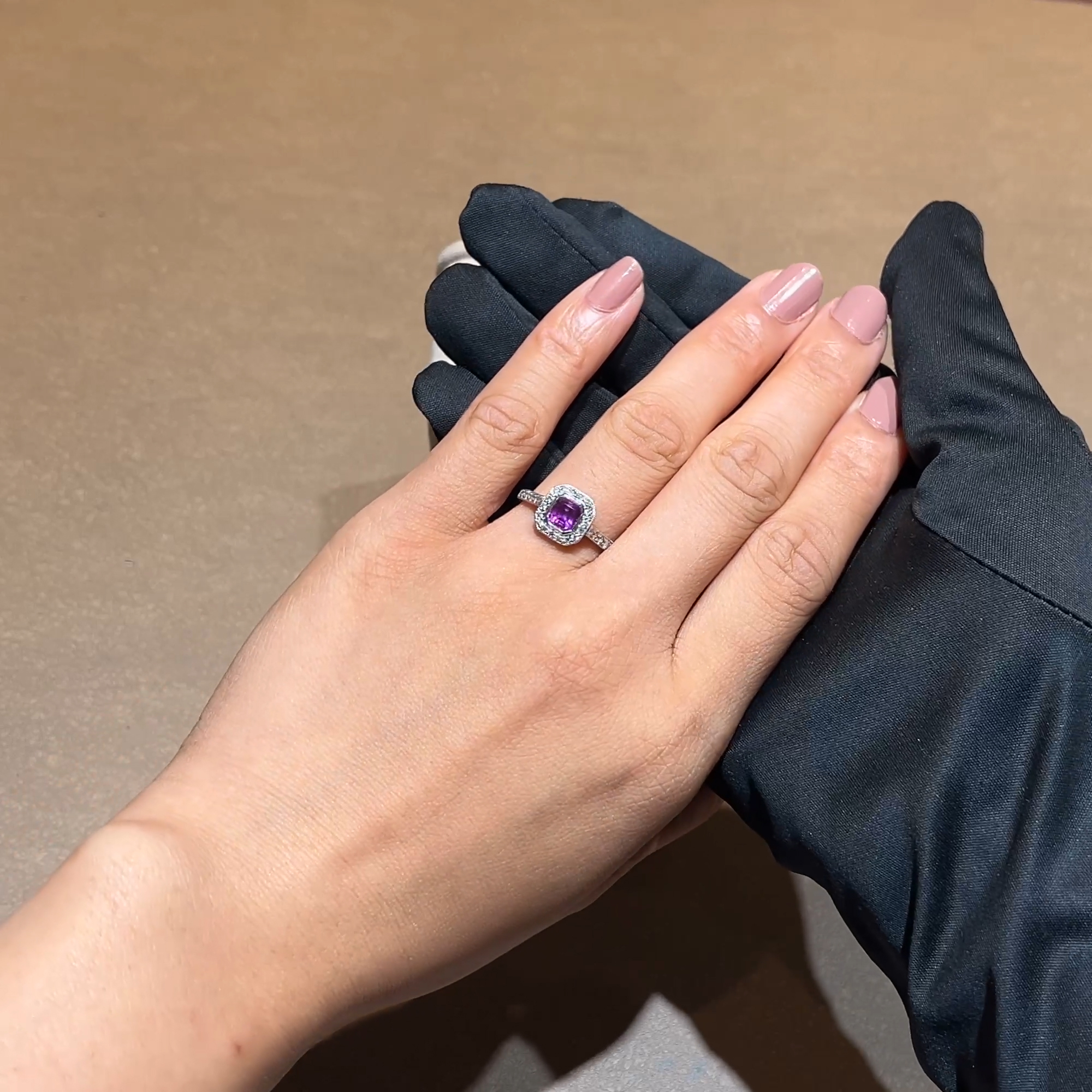 Octagonal Cut Pink Sapphire and diamond Cluster Ring in Platinum