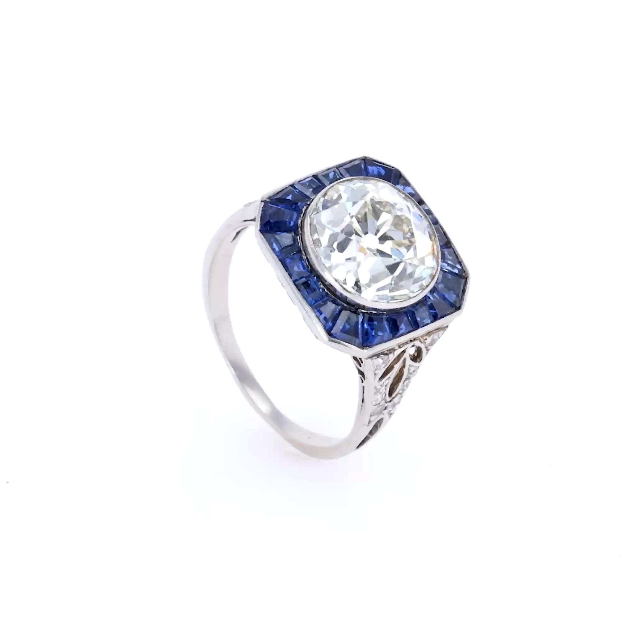Art Deco Old Cut 3.30ct Diamond and Sapphire Target Ring in Platinum