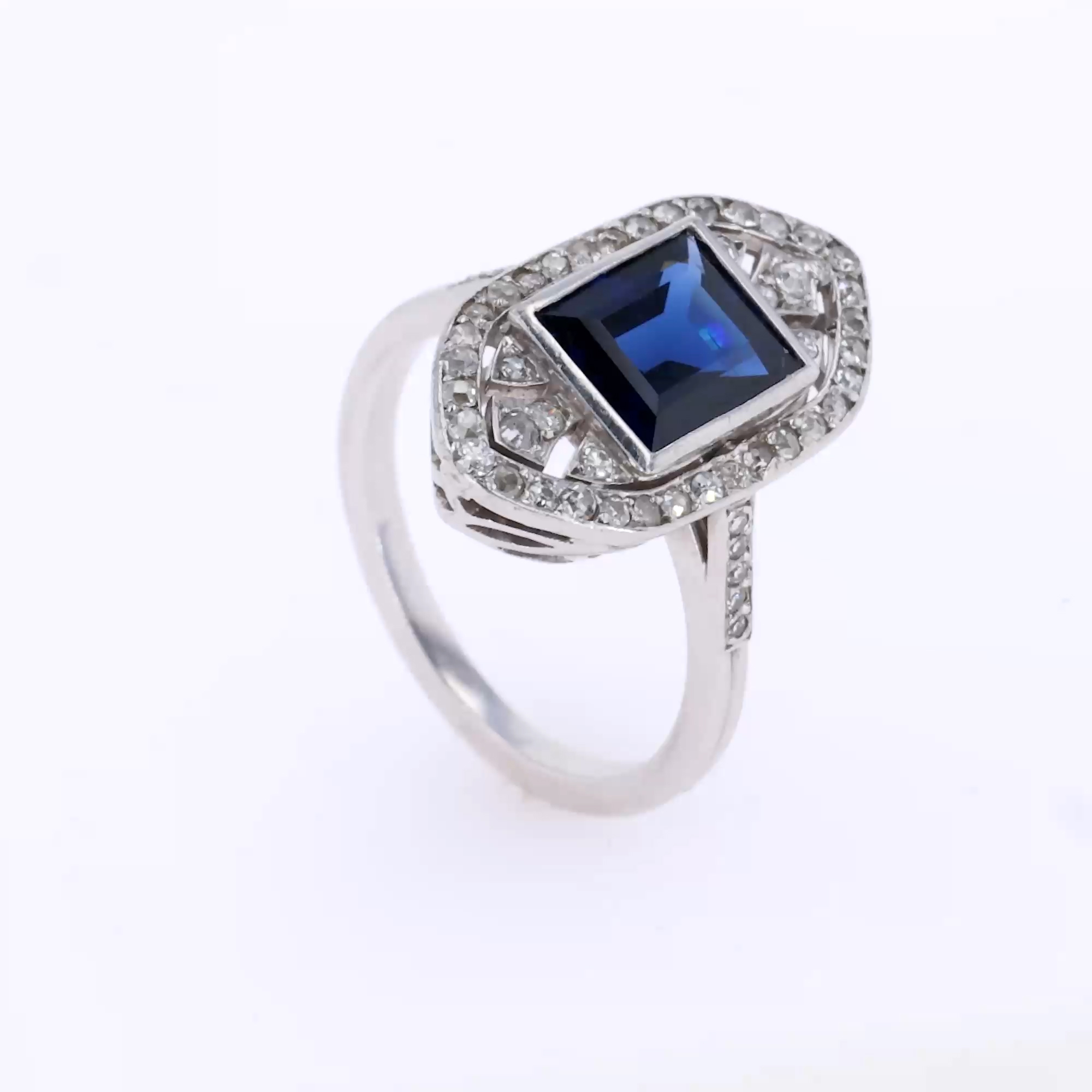 Art Deco Emerald Cut Sapphire and Diamond Ring in Platinum and 18ct White Gold