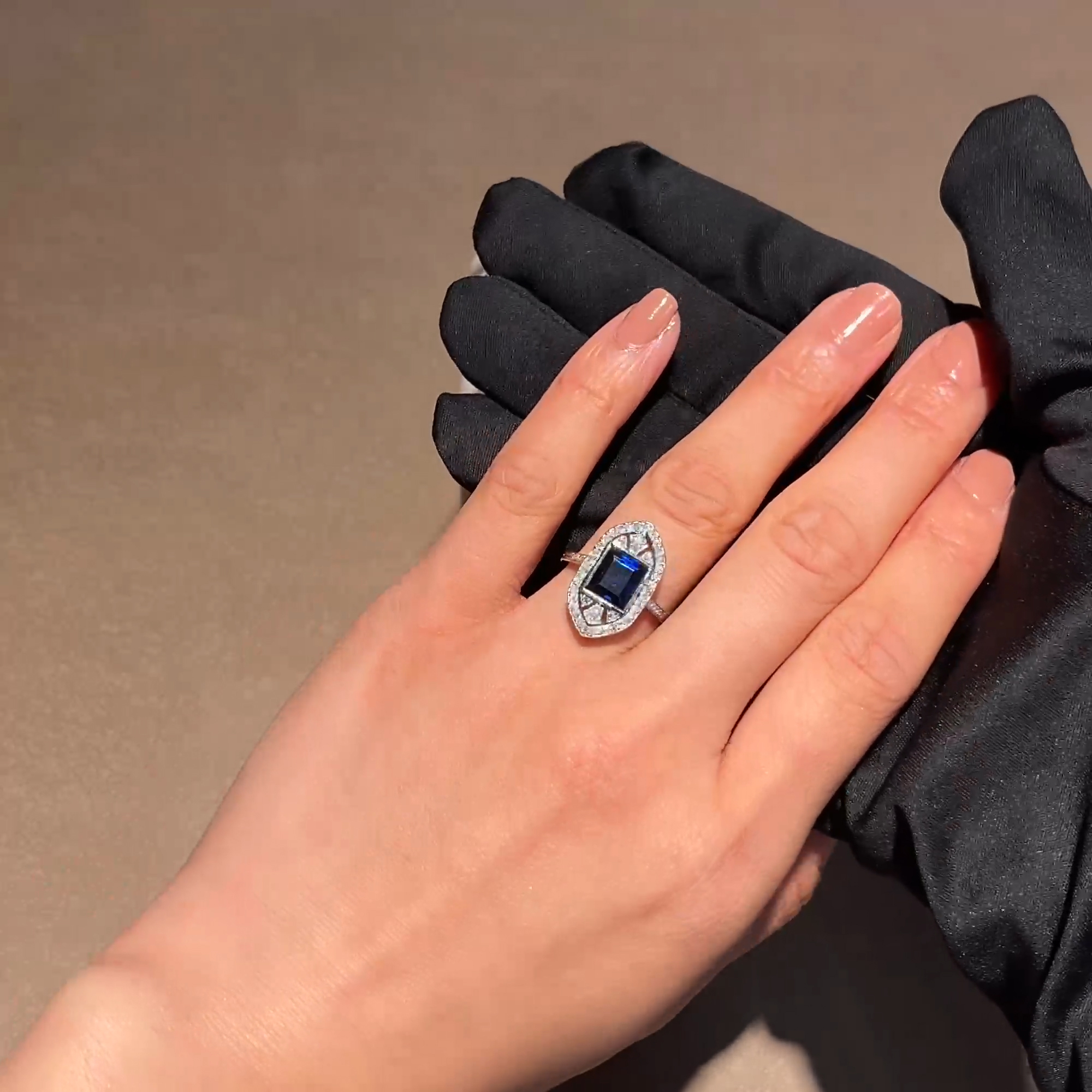 Art Deco French Rectangular Cut Sapphire and Diamond Ring in Platinum and 18ct White Gold