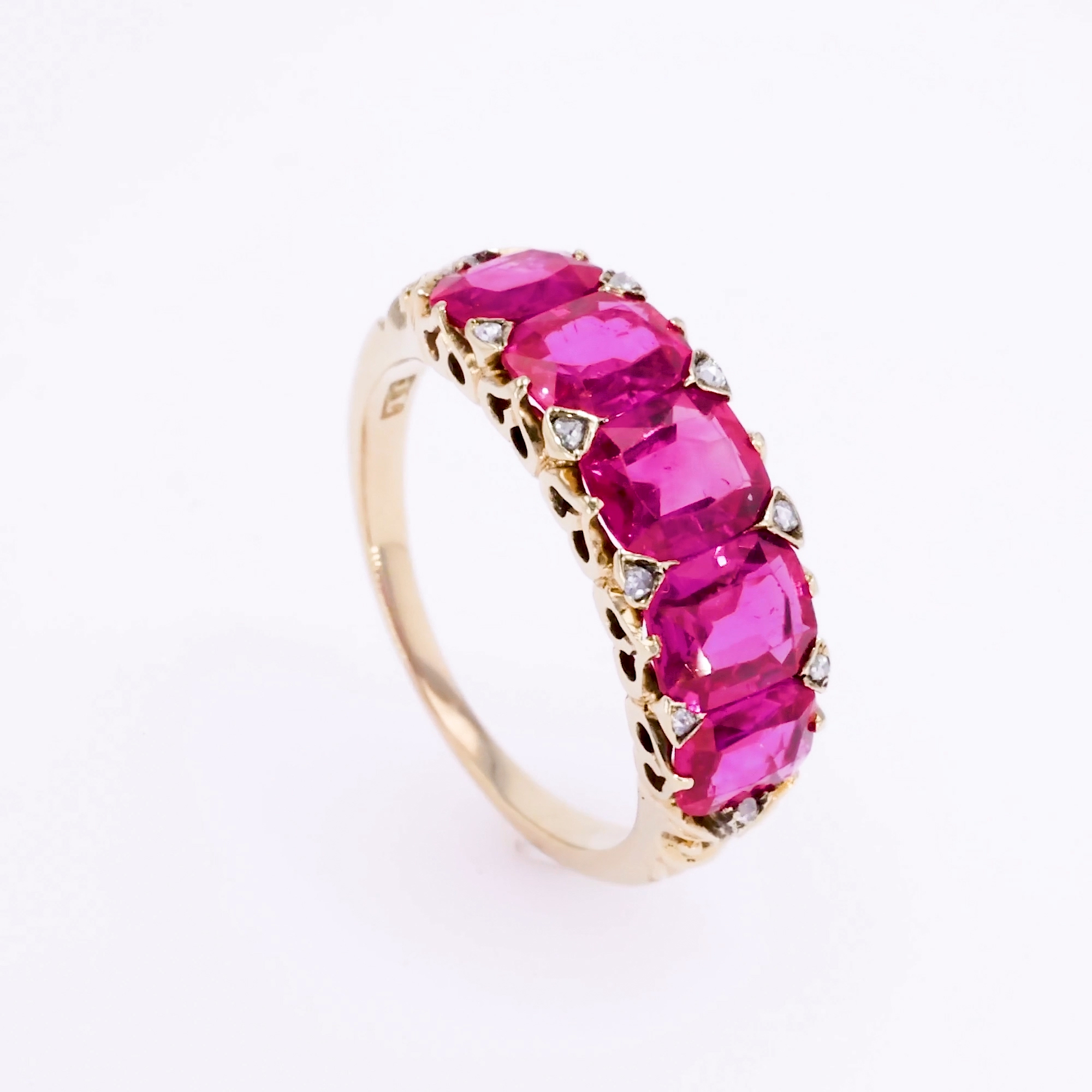Victorian Five Stone Burmese Ruby Ring 3.20ct in 18ct Yellow Gold