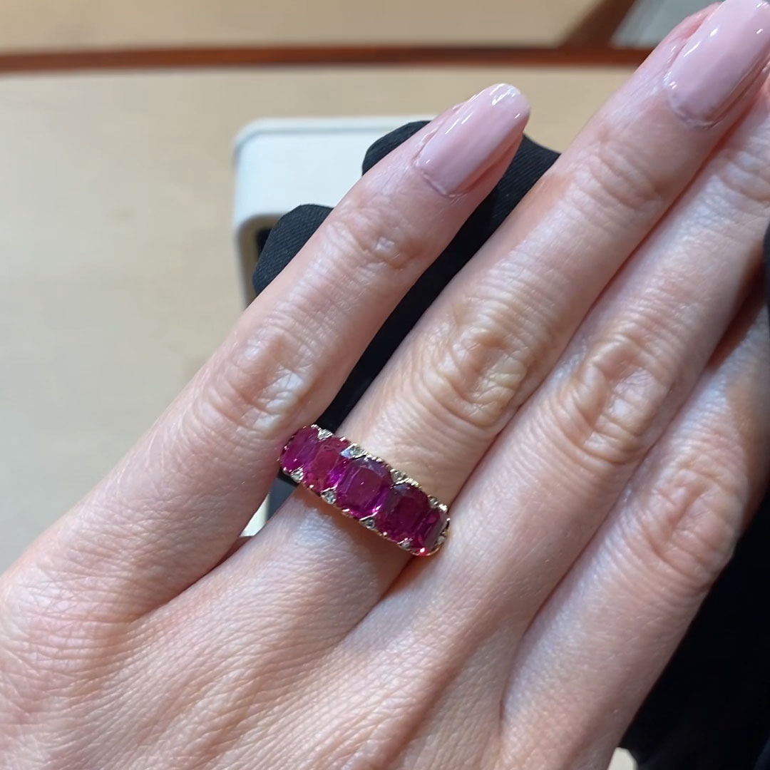 Victorian Five Stone Burmese Ruby Ring 3.20ct in 18ct Yellow Gold