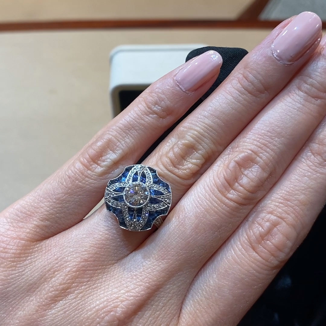 Art Deco Inspired Diamond and Calibre Sapphire Dress Ring with Sapphire and Diamond surround 1.08ct in Platinum