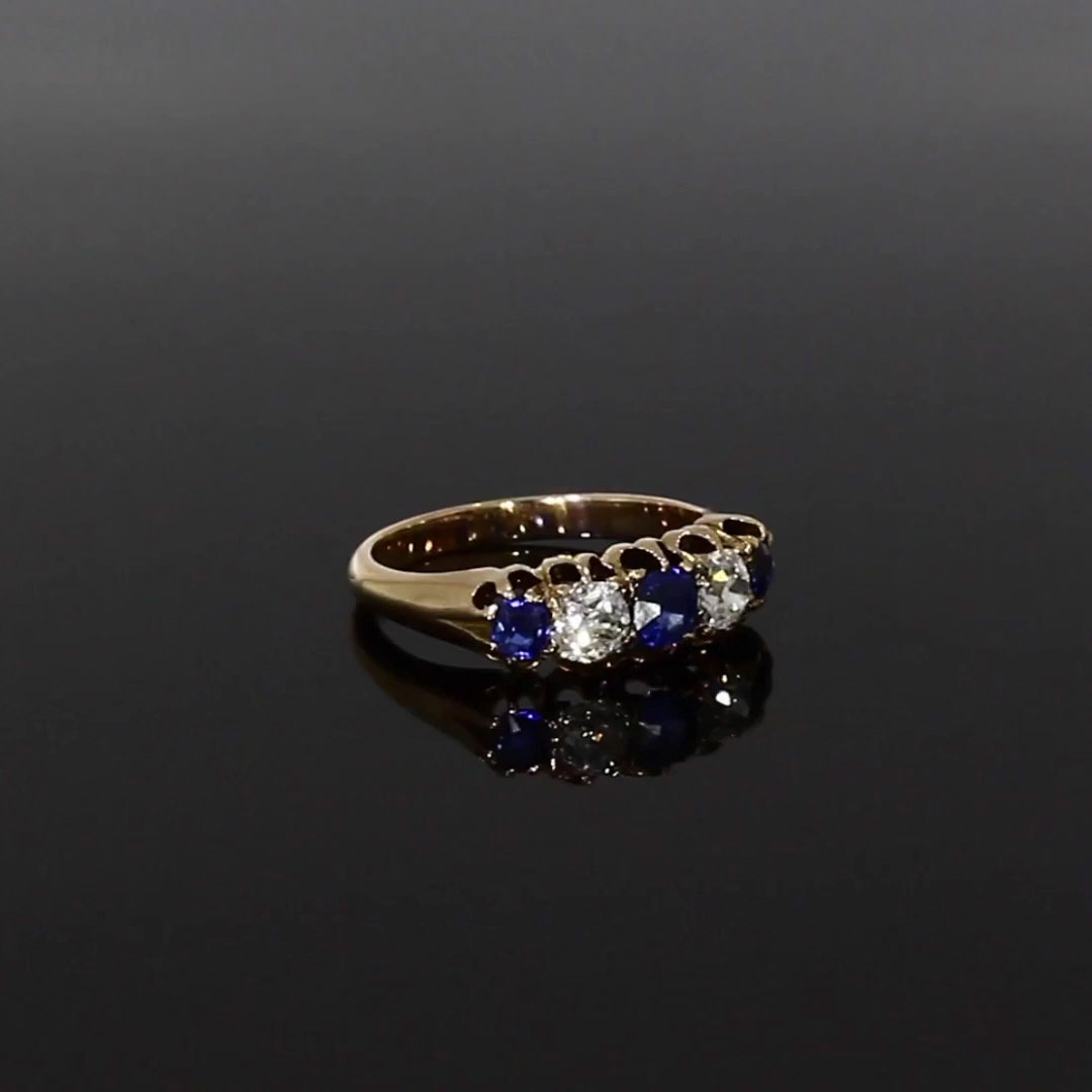 Victorian Sapphire & Diamond Five Stone Ring 1.41ct in 18ct Yellow Gold