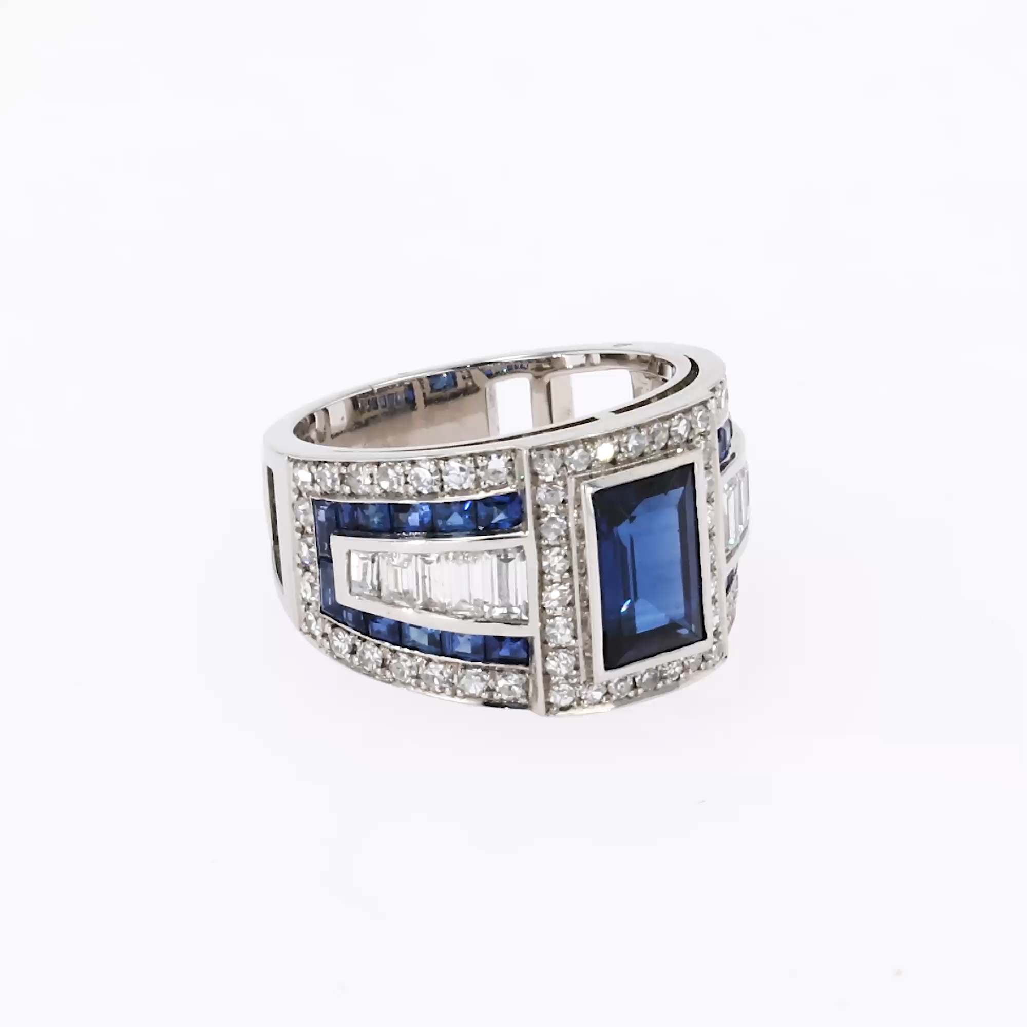 Art Deco Inspired Blue Sapphire Ring 4.44ct in Platinum