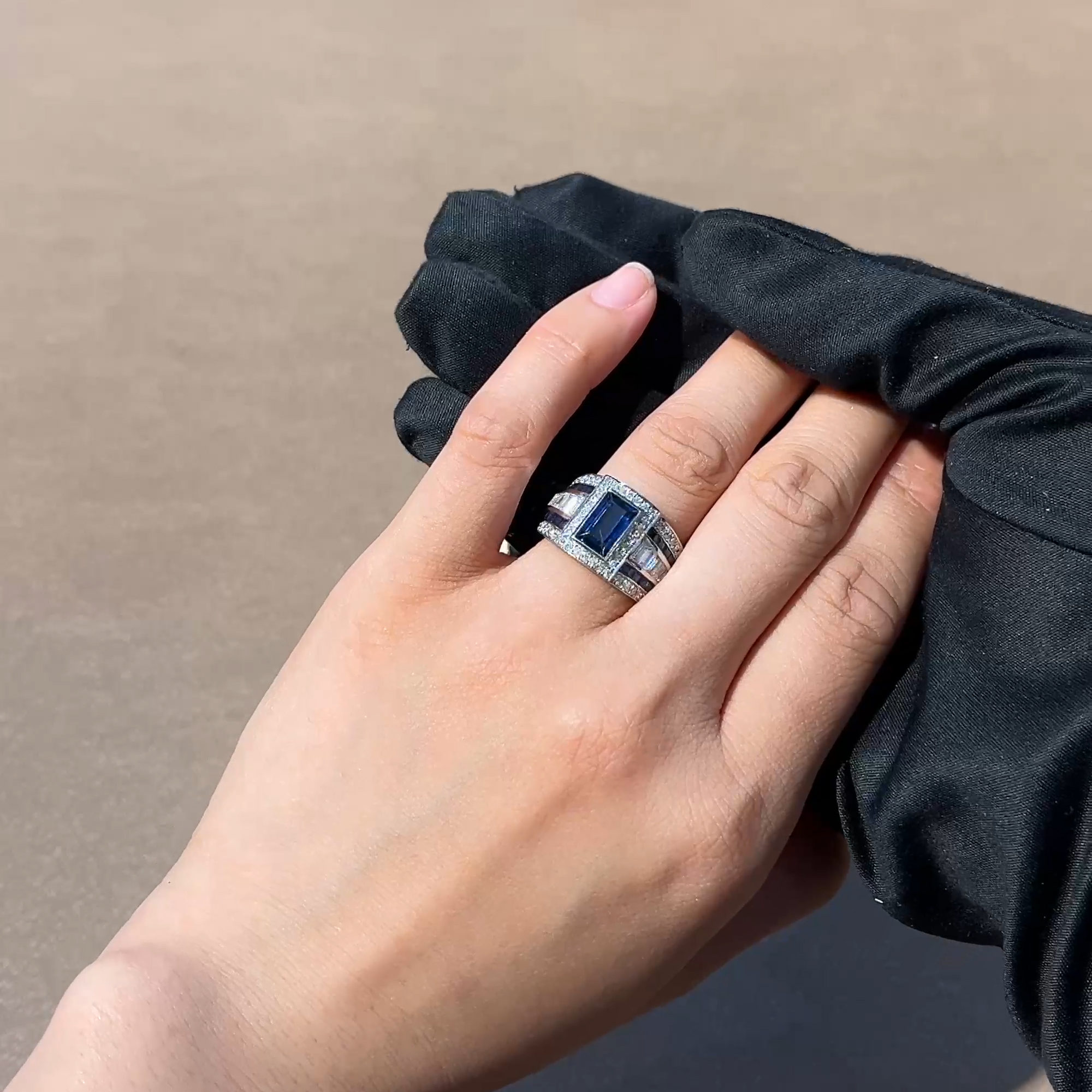 Art Deco Inspired Blue Sapphire Ring 4.44ct in Platinum
