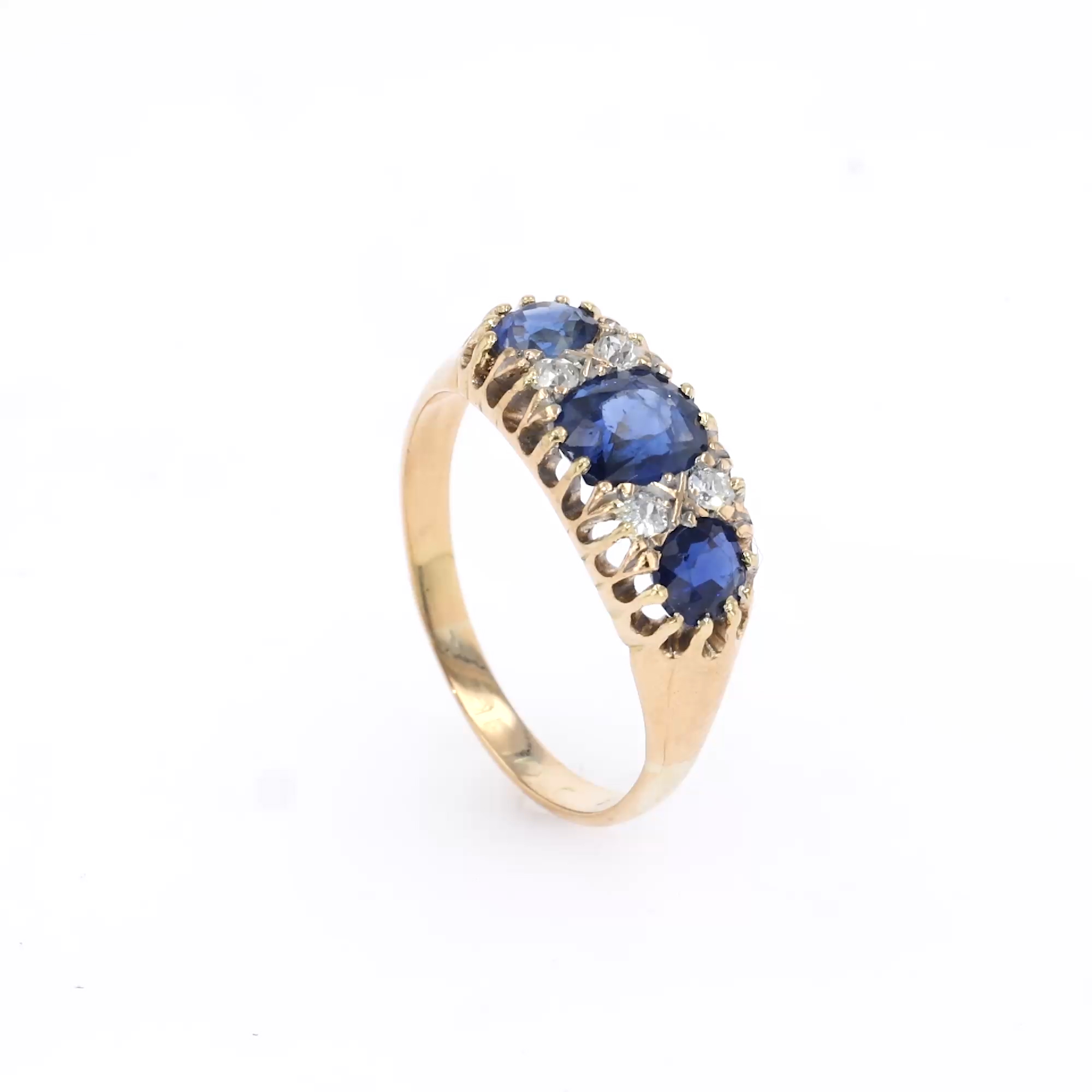 Victorian 1.69ct Sapphire and Diamond Three Stone Ring in 18ct Yellow Gold