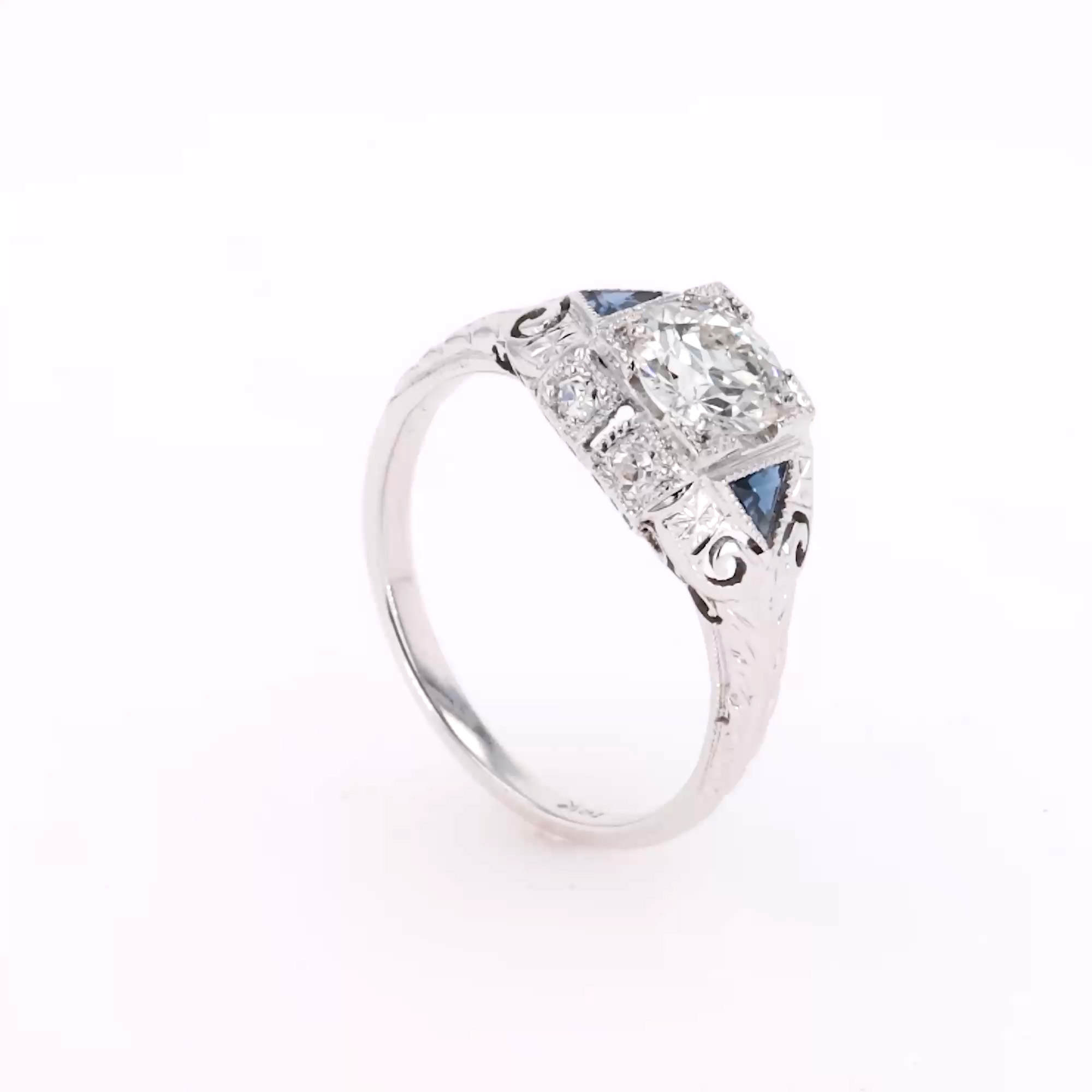 Art Deco Old European Cut Diamond and Sapphire Ring in 18ct White Gold