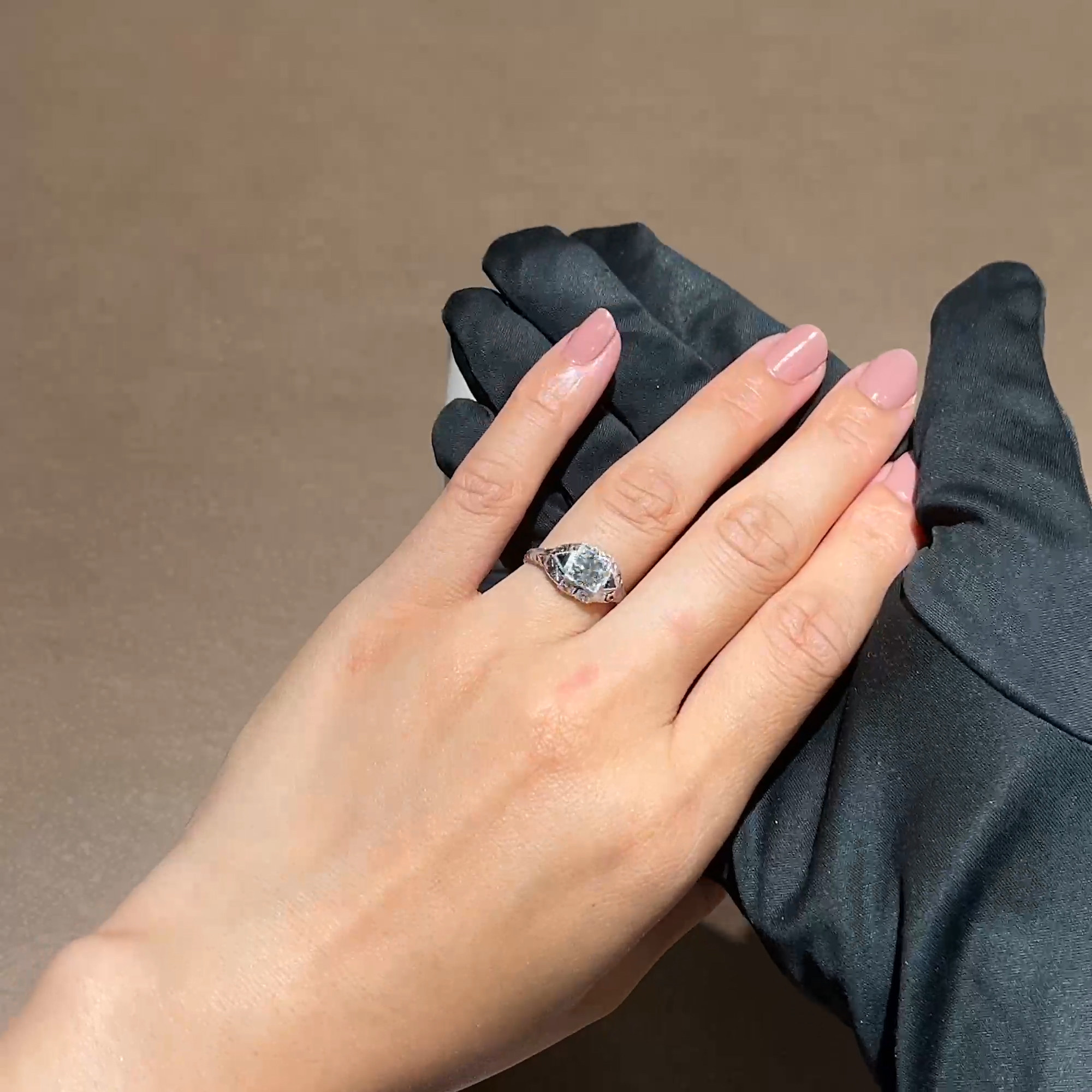 Art Deco Old European Cut Diamond and Sapphire Ring in 18ct White Gold