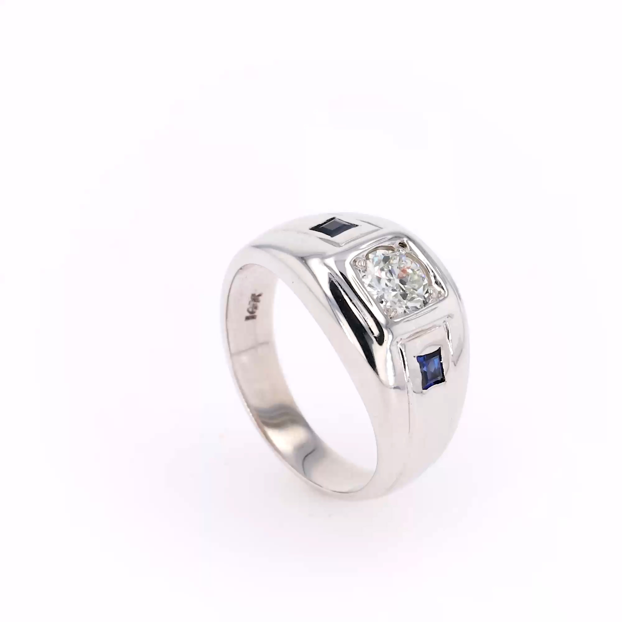 Art Deco Old European Cut Diamond and Sapphire Ring in 14ct White Gold