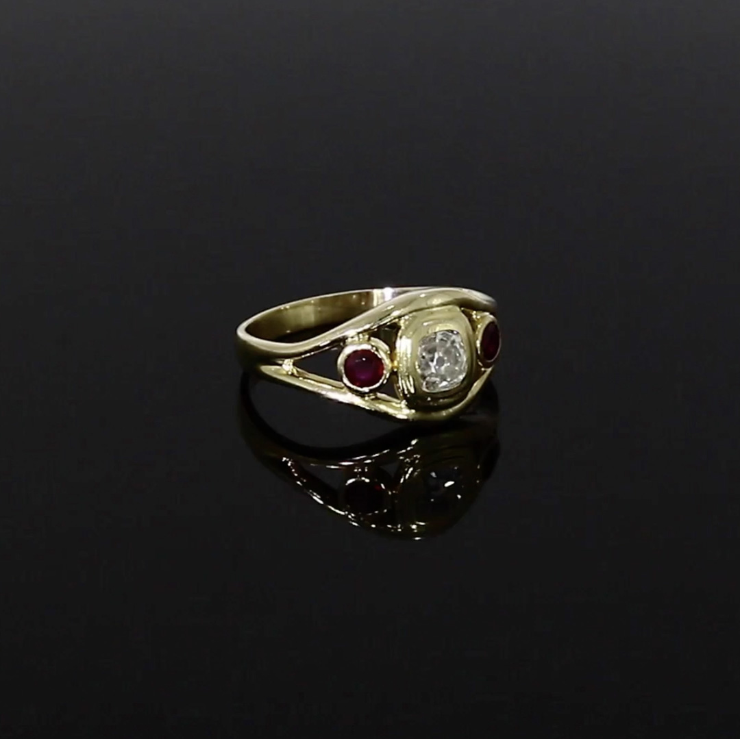 Three Stone Diamond & Ruby Ring <br /> 0.45CT in Yellow Gold