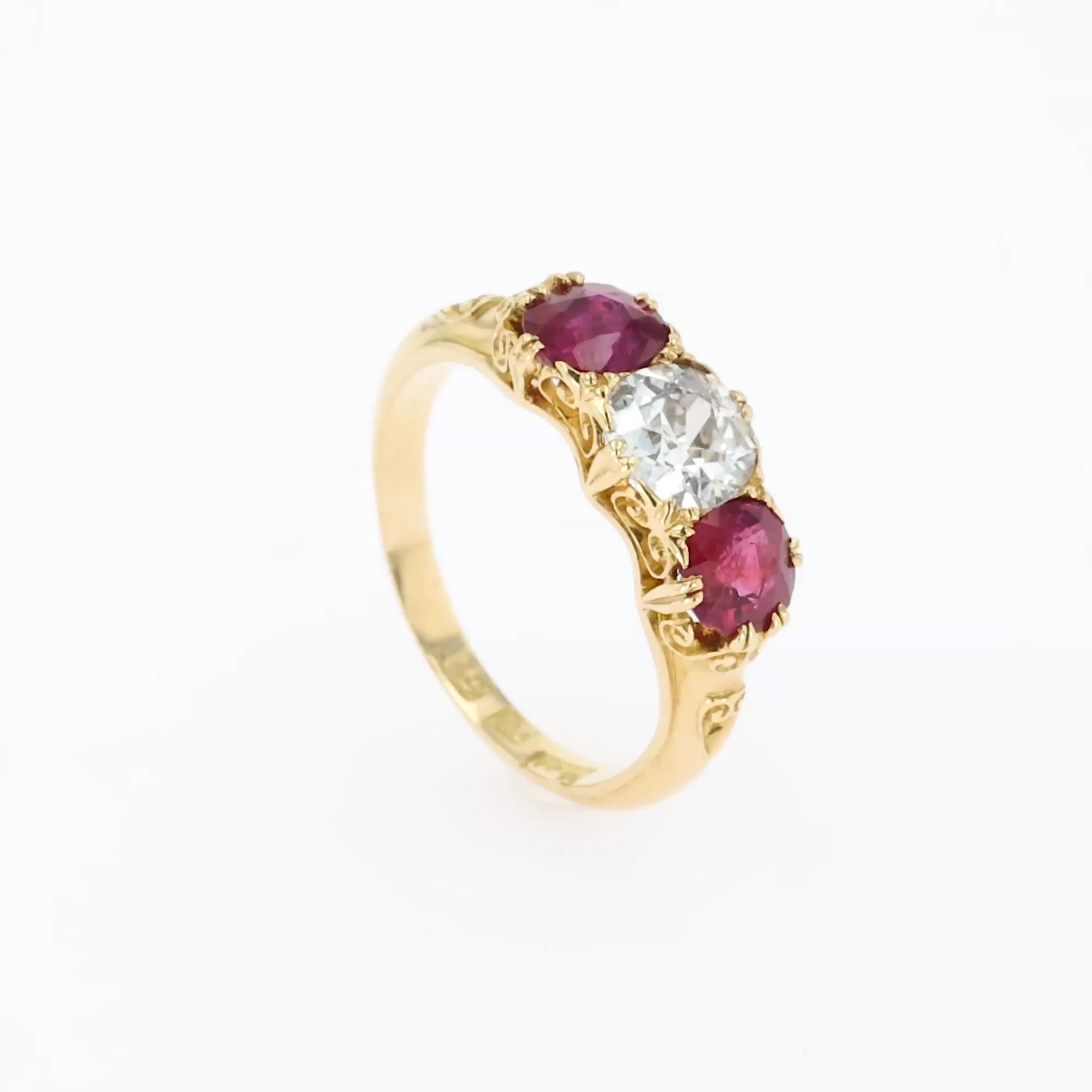 Victorian 1.55ct Ruby and Diamond Three Stone Ring in 18ct Yellow Gold