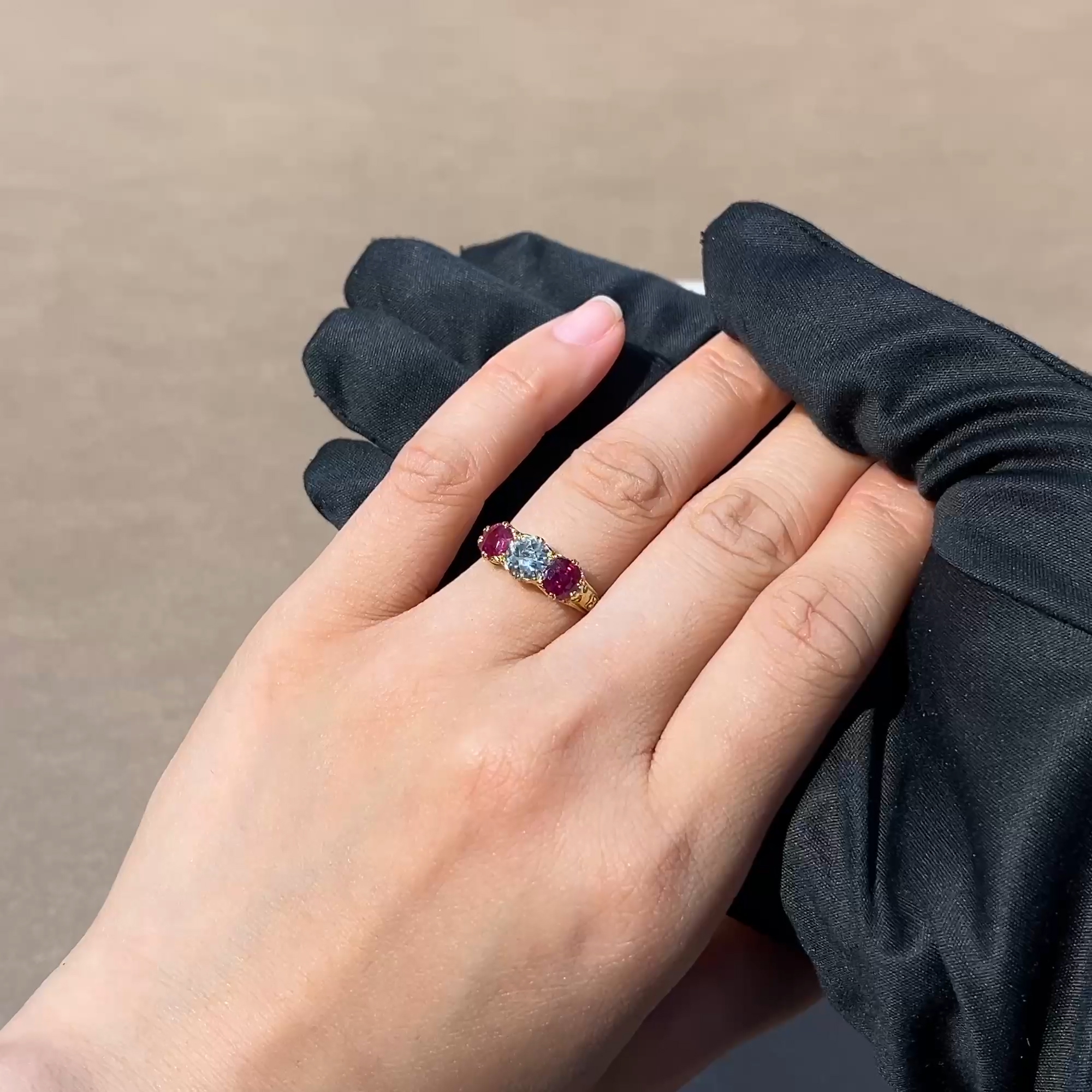 Victorian 1.55ct Ruby and Diamond Three Stone Ring in 18ct Yellow Gold