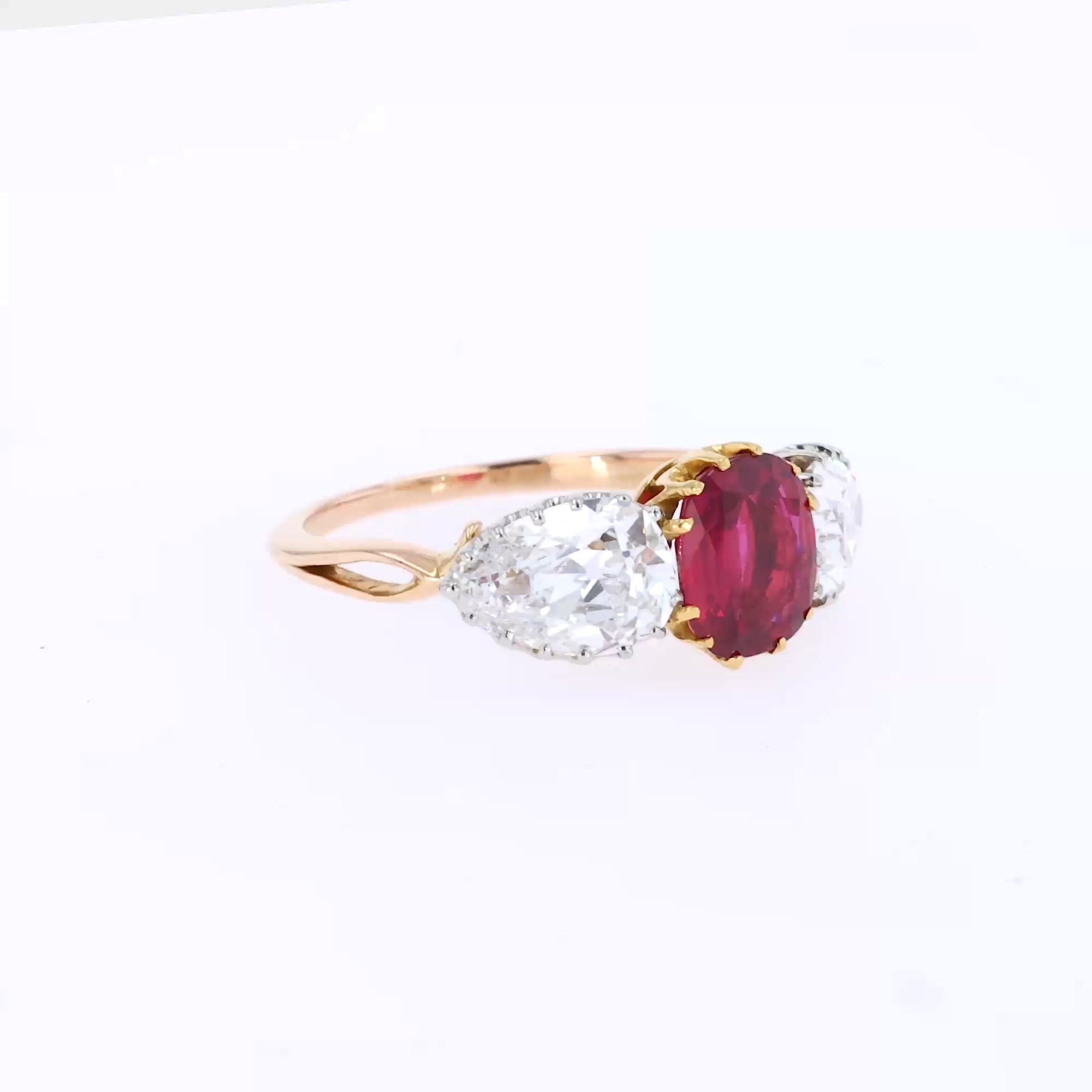 Victorian 1.63t Burmese Ruby and Diamond Three Stone Ring in 18ct Yellow Gold and Platinum