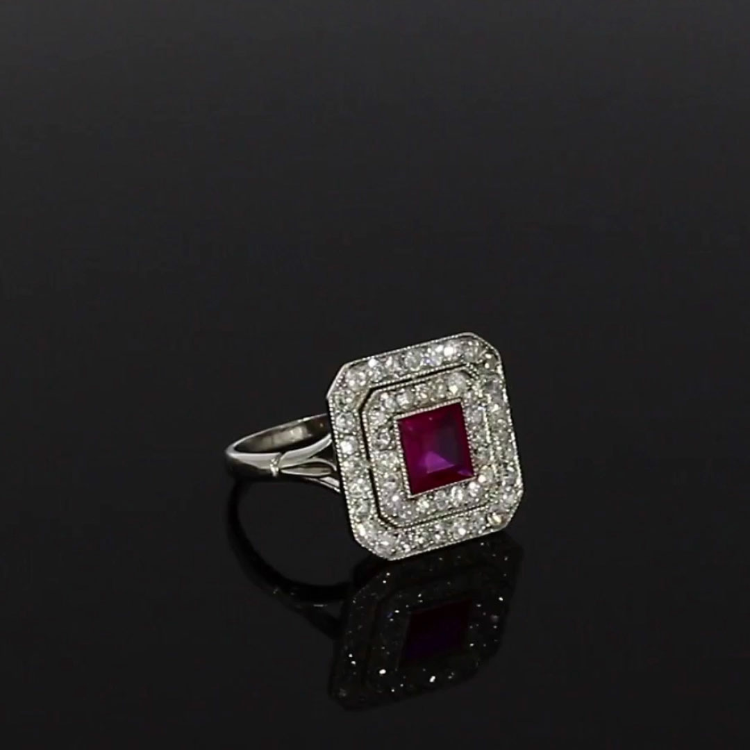 Art Deco 0.65ct Ruby and Diamond Plaque Ring in Platinum