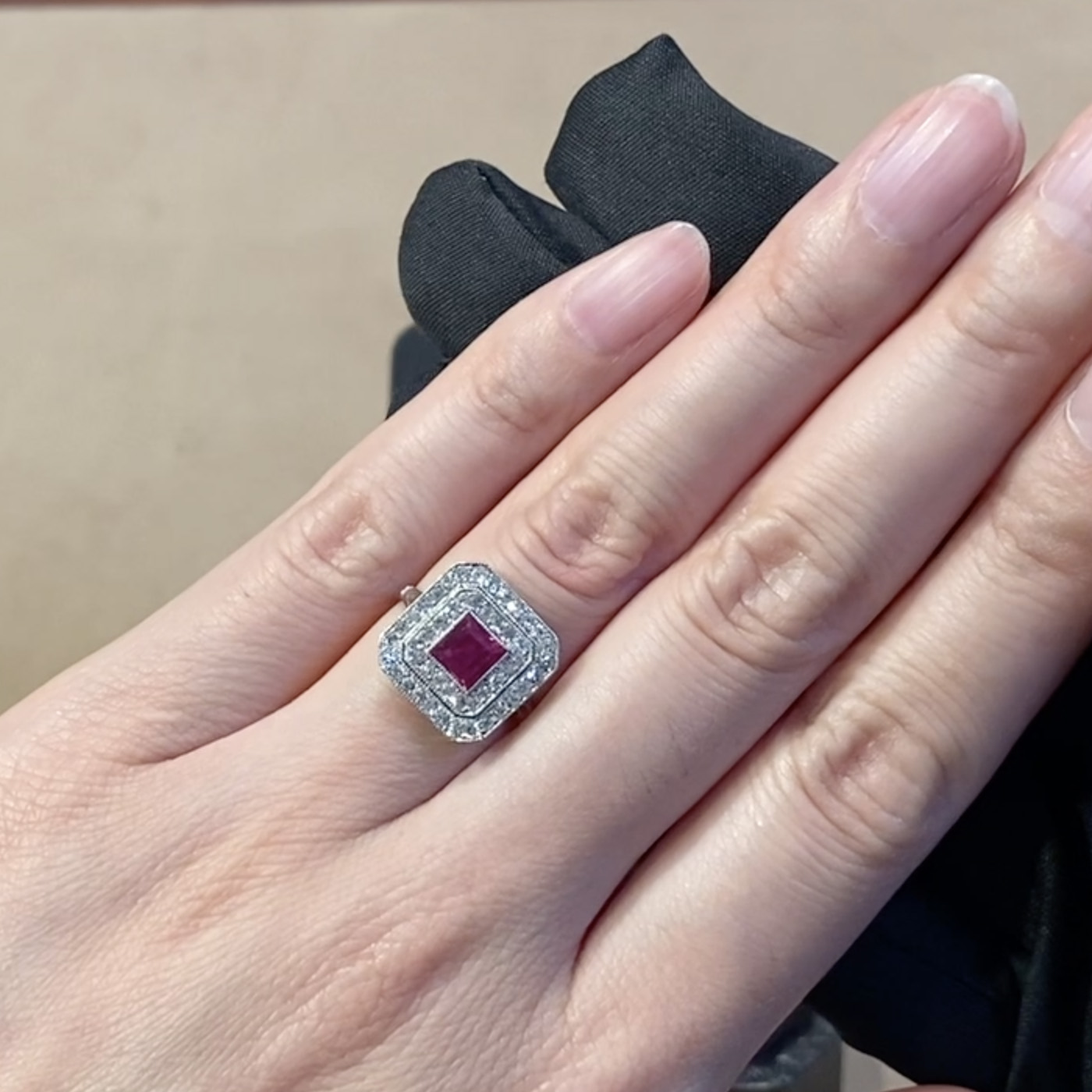 Art Deco 0.65ct Ruby and Diamond Plaque Ring in Platinum