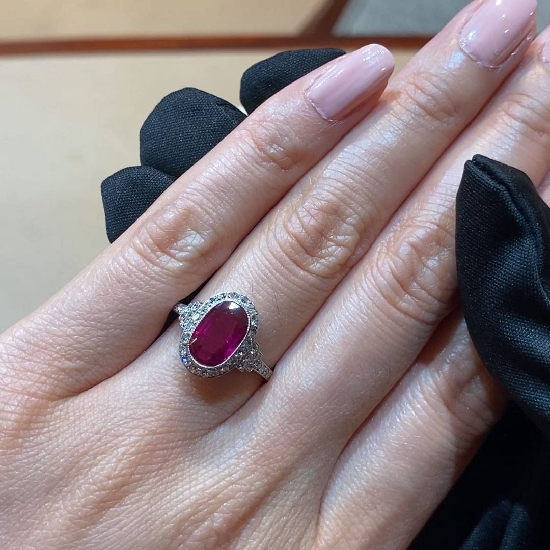 Edwardian 1.87ct Burmese Ruby and Diamond Cluster Ring in Platinum