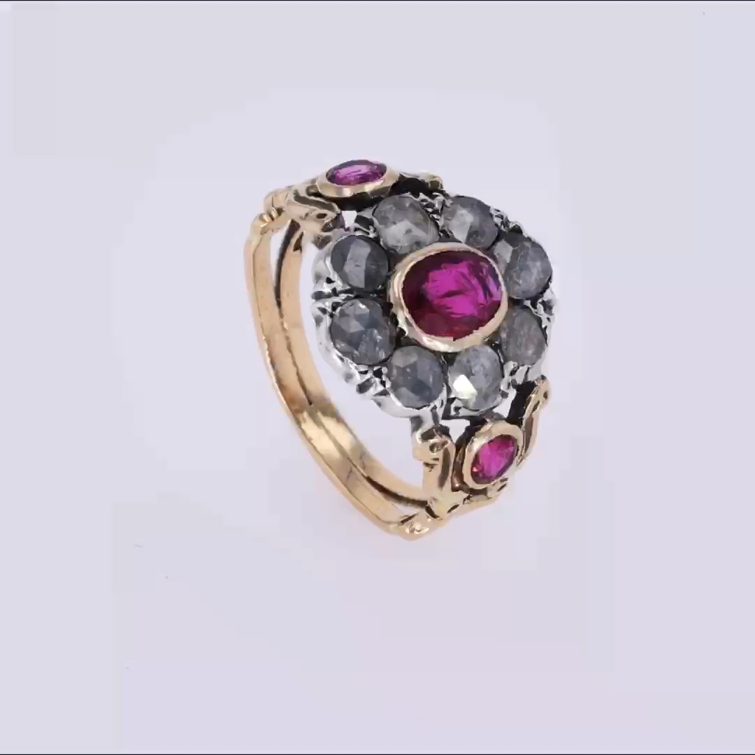 Georgian Ruby & Diamond Floral Cluster Ring 0.45ct in 18ct Yellow Gold & Silver