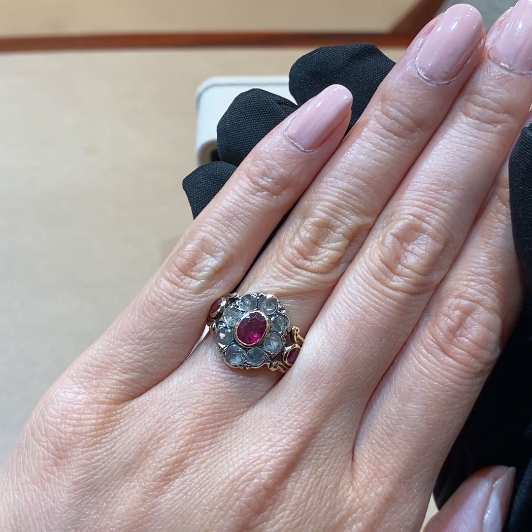 Georgian Ruby & Diamond Floral Cluster Ring 0.45ct in 18ct Yellow Gold & Silver