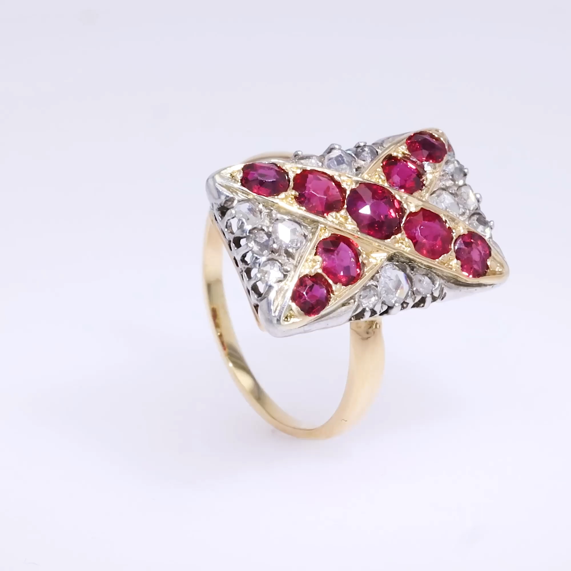 Belle Epoque Ruby & Diamond Cross Design Plaque Ring in 18ct Yellow Gold & Silver 