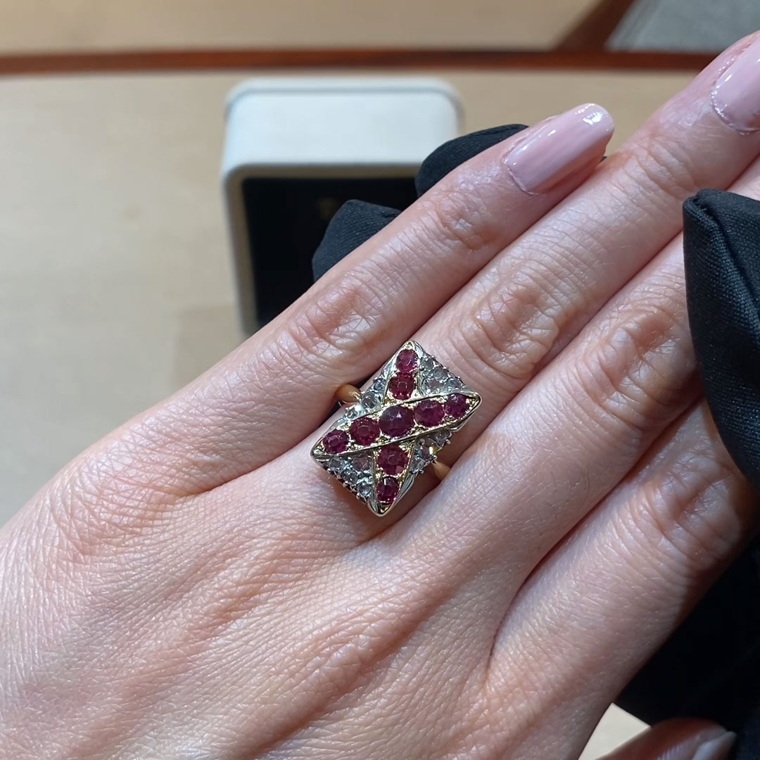 Belle Epoque Ruby & Diamond Cross Design Plaque Ring in 18ct Yellow Gold & Silver 