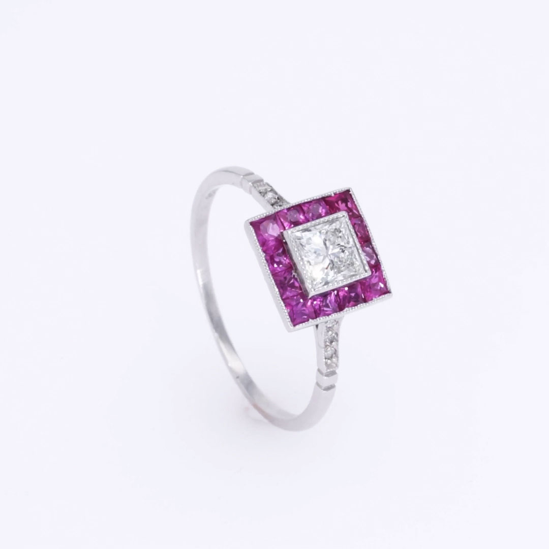 Princess Cut 0.48ct Ruby and Diamond Cluster Ring in Platinum