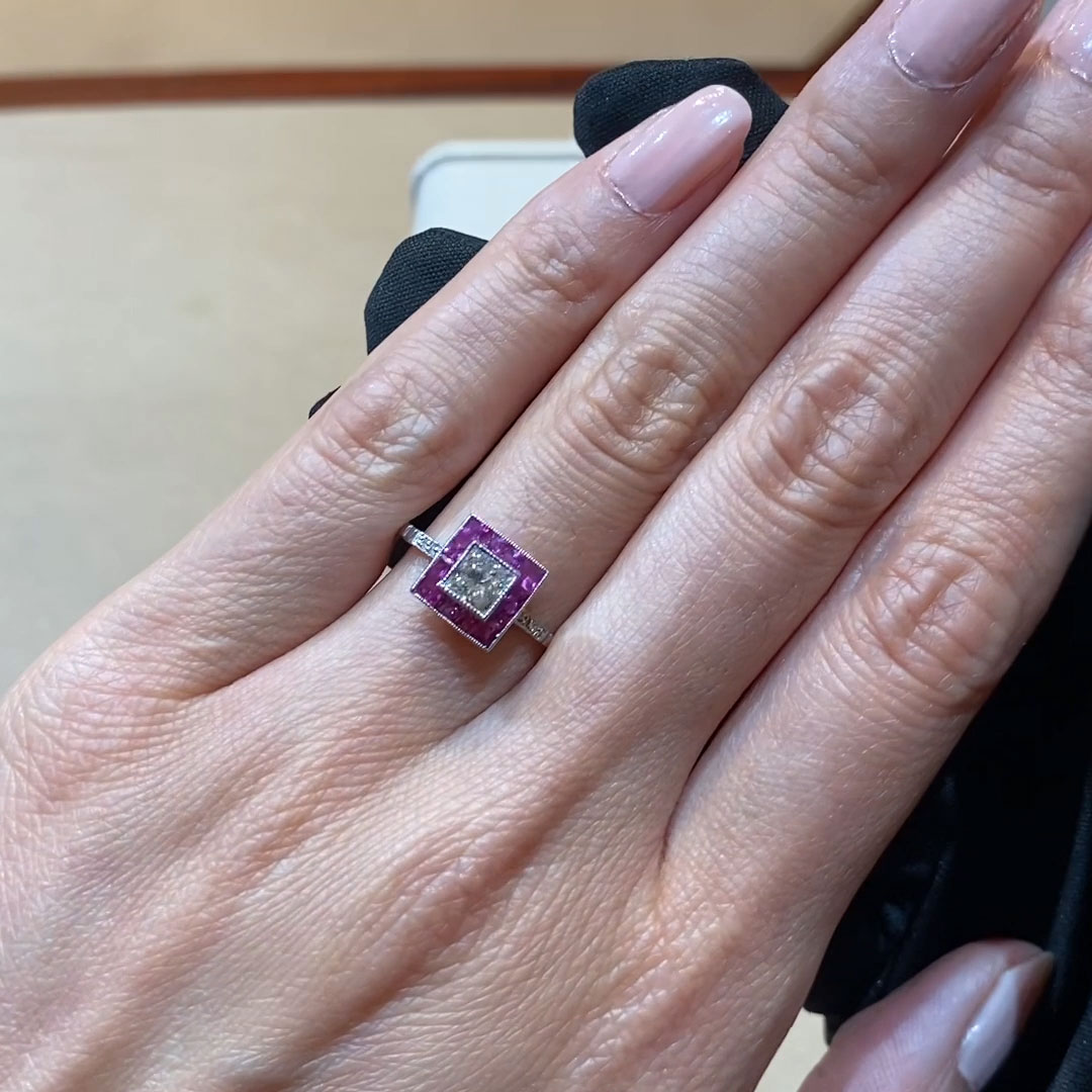 Princess Cut 0.48ct Ruby and Diamond Cluster Ring in Platinum