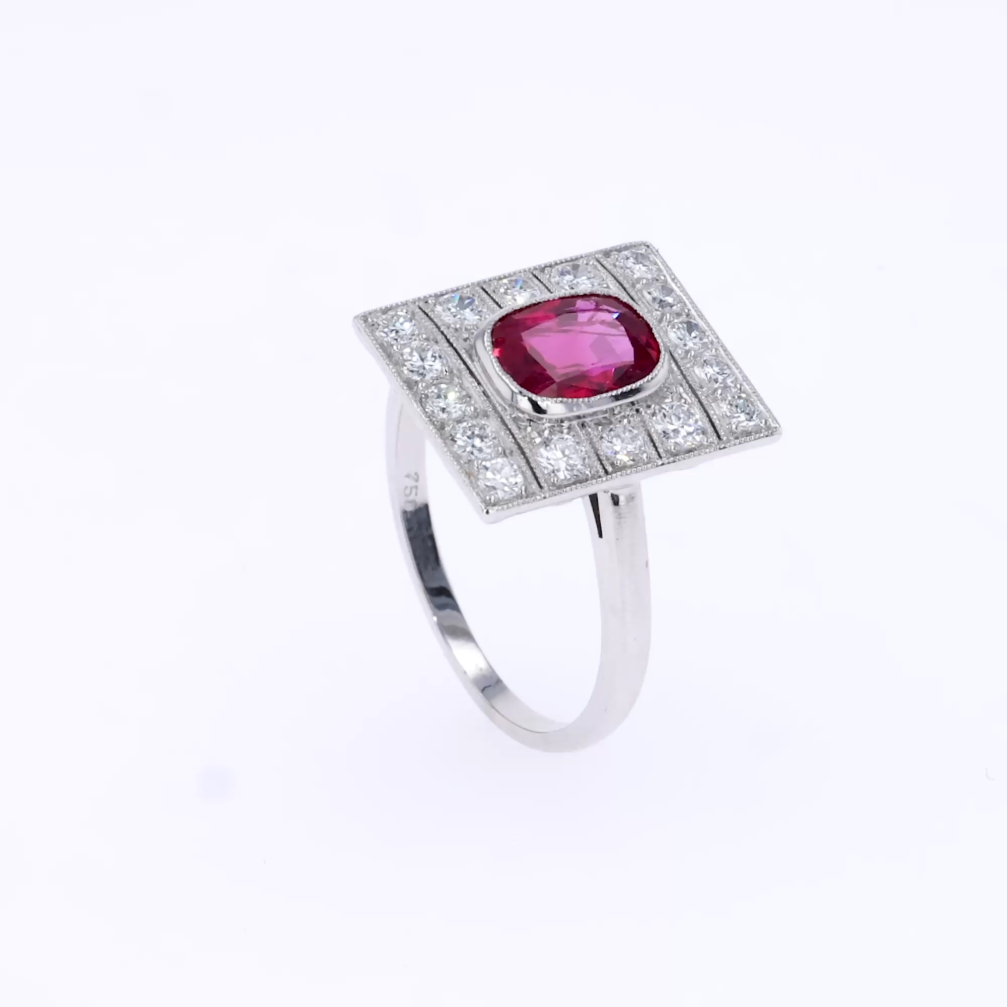 Art Deco 1.30ct Burmese Ruby and Diamond Plaque Ring in 18ct White Gold