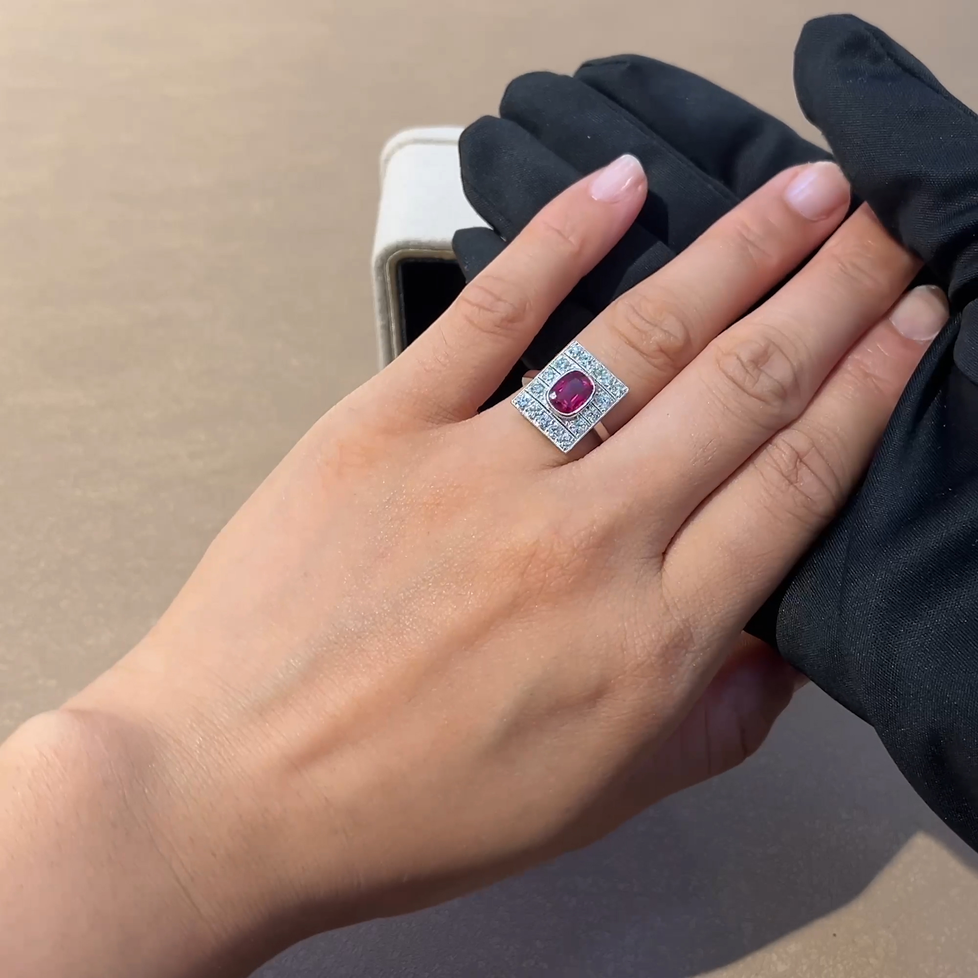 Art Deco 1.30ct Burmese Ruby and Diamond Plaque Ring in 18ct White Gold