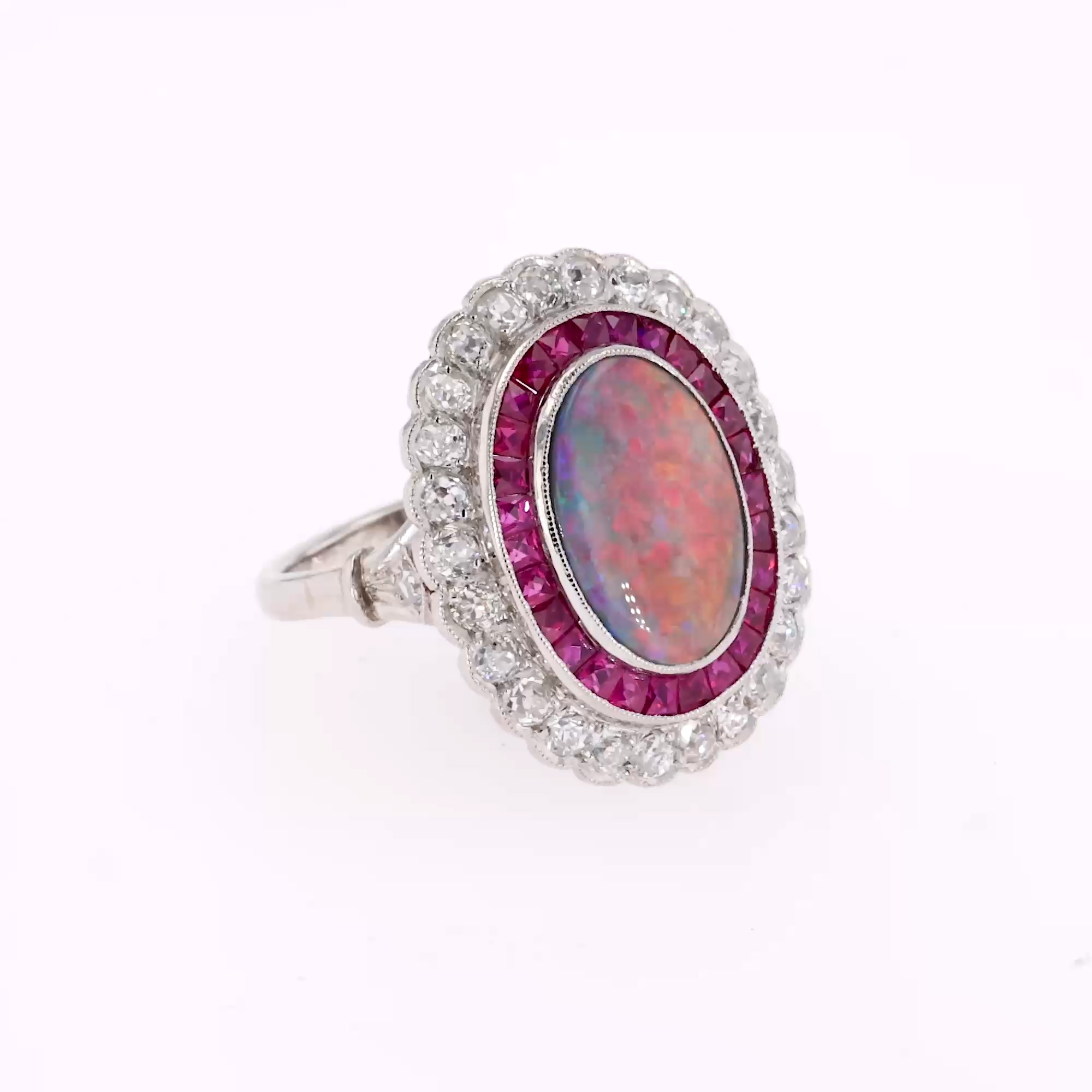 Edwardian Inspired Opal, Diamond and Ruby Cluster Ring in Platinum