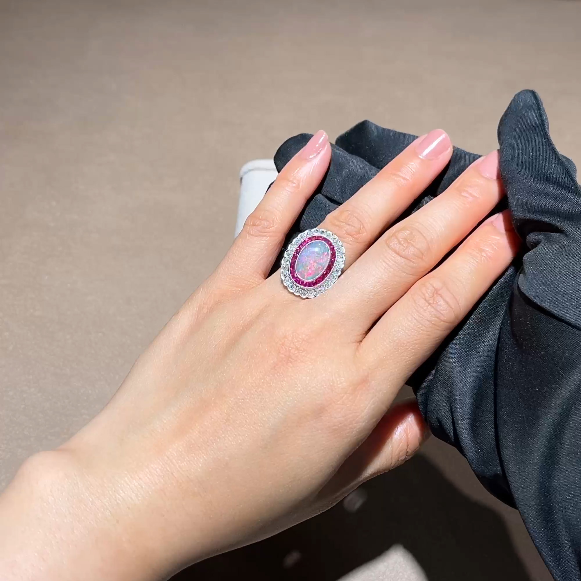 Edwardian Inspired Opal, Diamond and Ruby Cluster Ring in Platinum