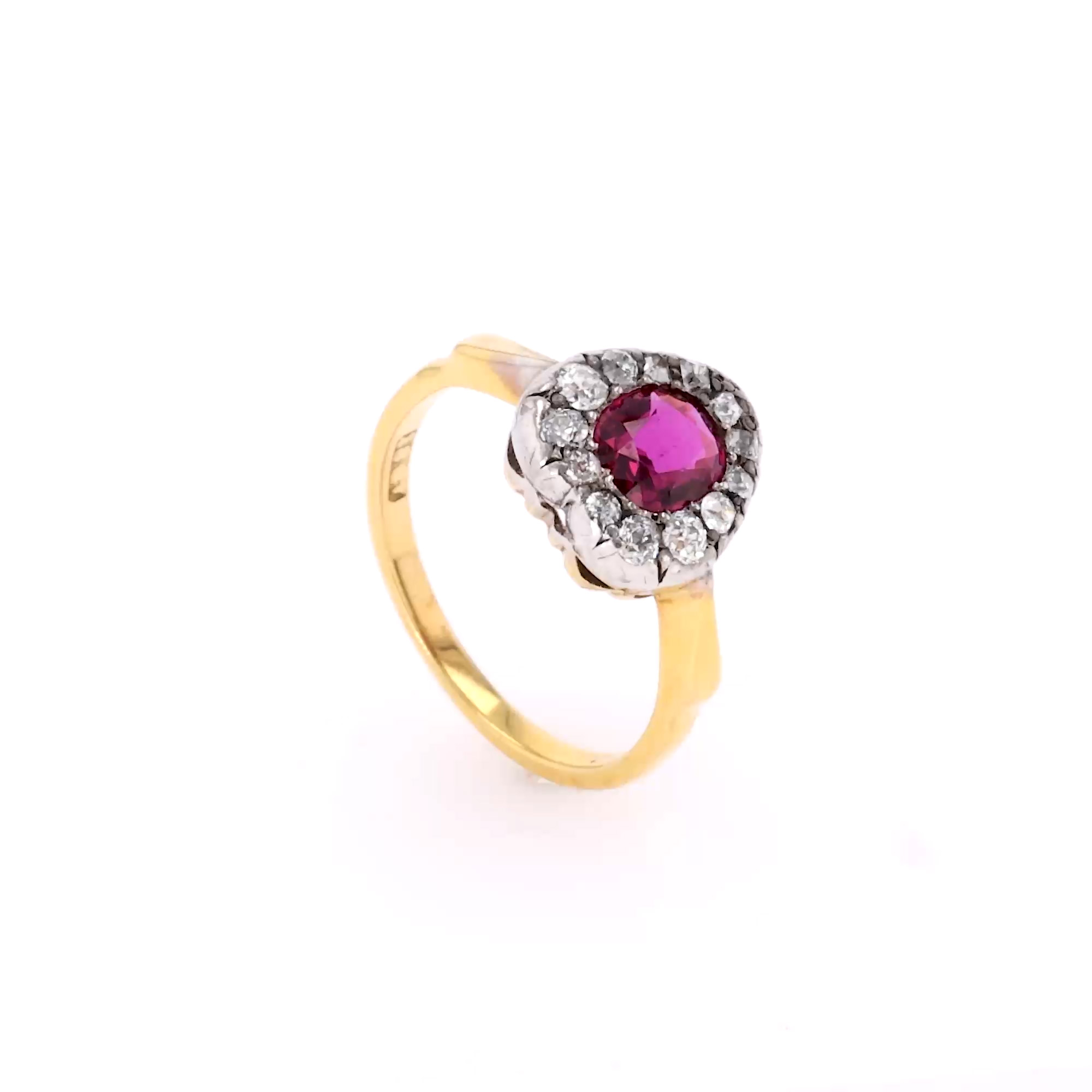 Victorian Antique Cushion Cut 0.55ct Ruby and Diamond Ring In 18ct Yellow Gold
