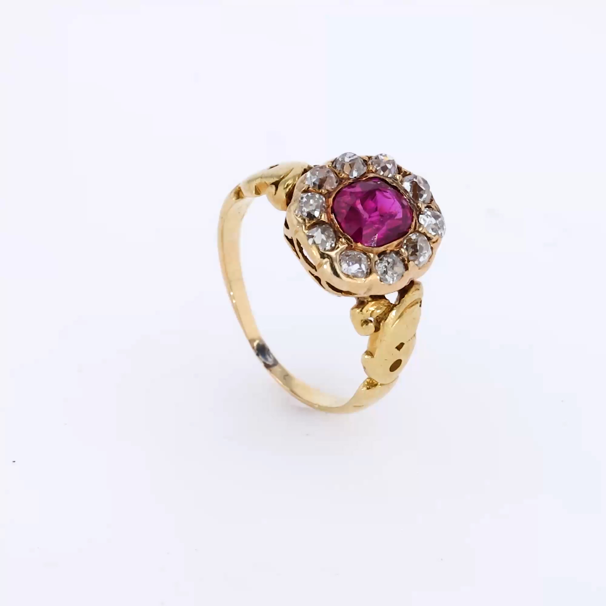 Victorian Antique Cushion Cut Ruby and Diamond Ring in 18ct Yellow Gold