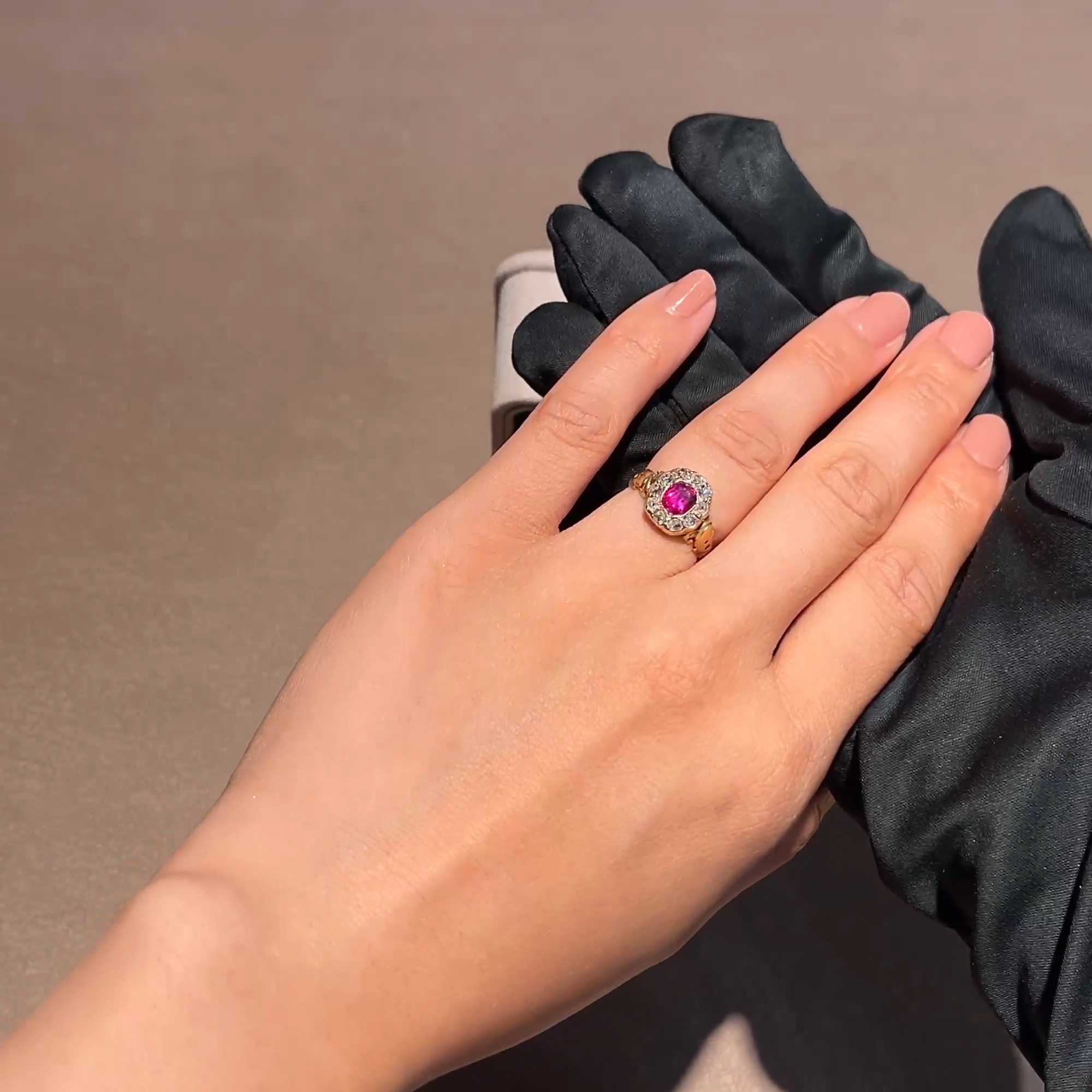 Victorian Antique Cushion Cut Ruby and Diamond Ring in 18ct Yellow Gold
