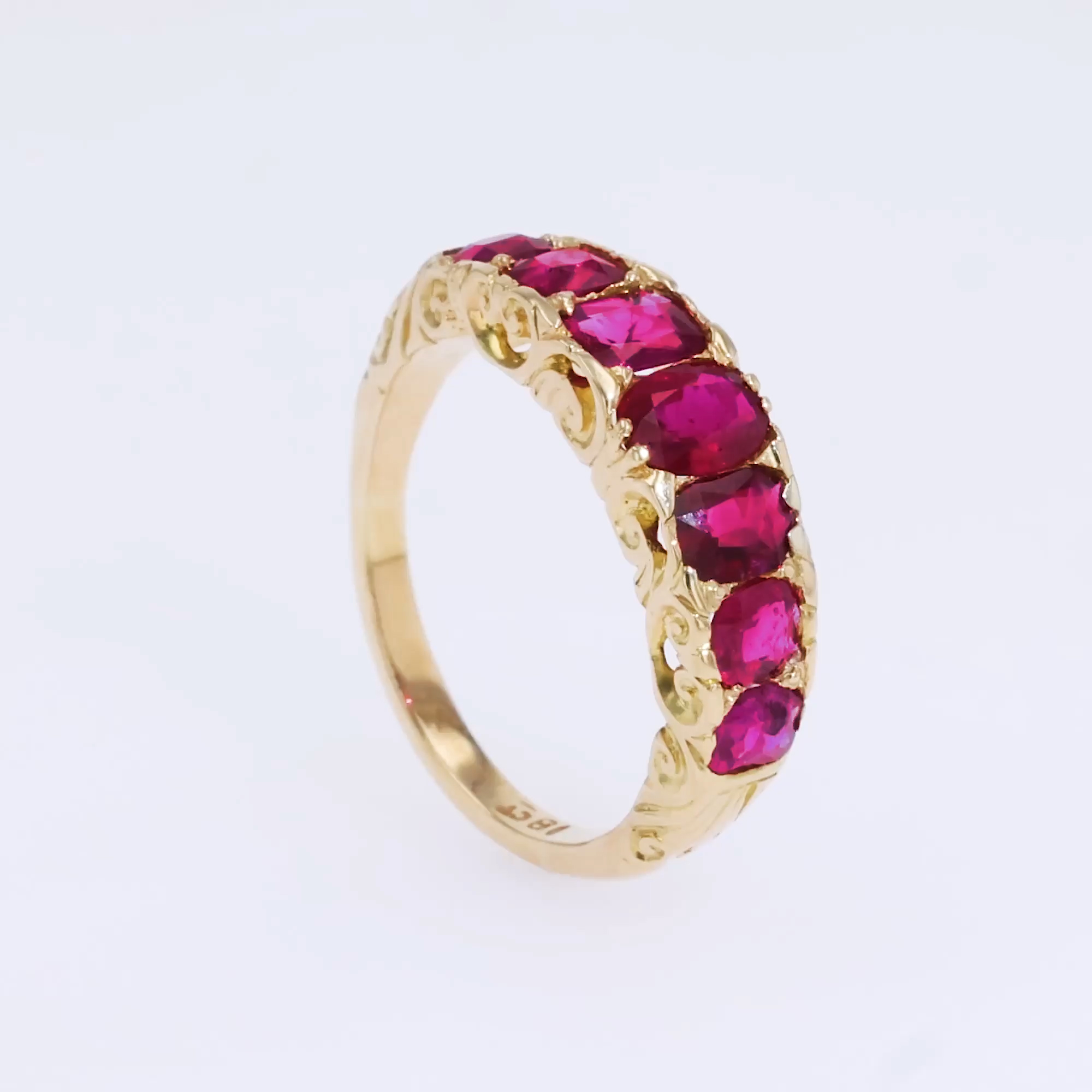 Victorian Ruby and Diamond Carved Seven Stone Ring 2.37ct in Yellow Gold
