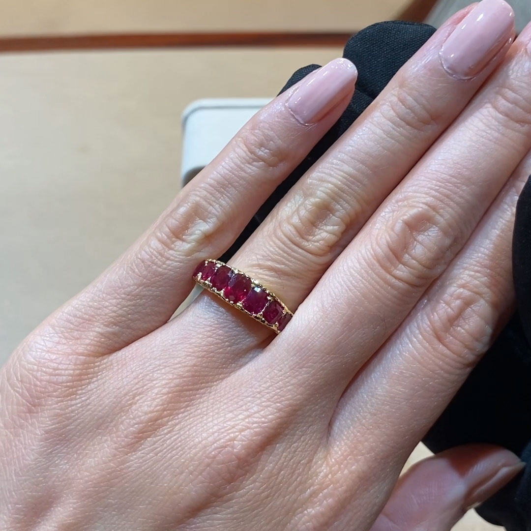 Victorian Ruby and Diamond Carved Seven Stone Ring 2.37ct in Yellow Gold